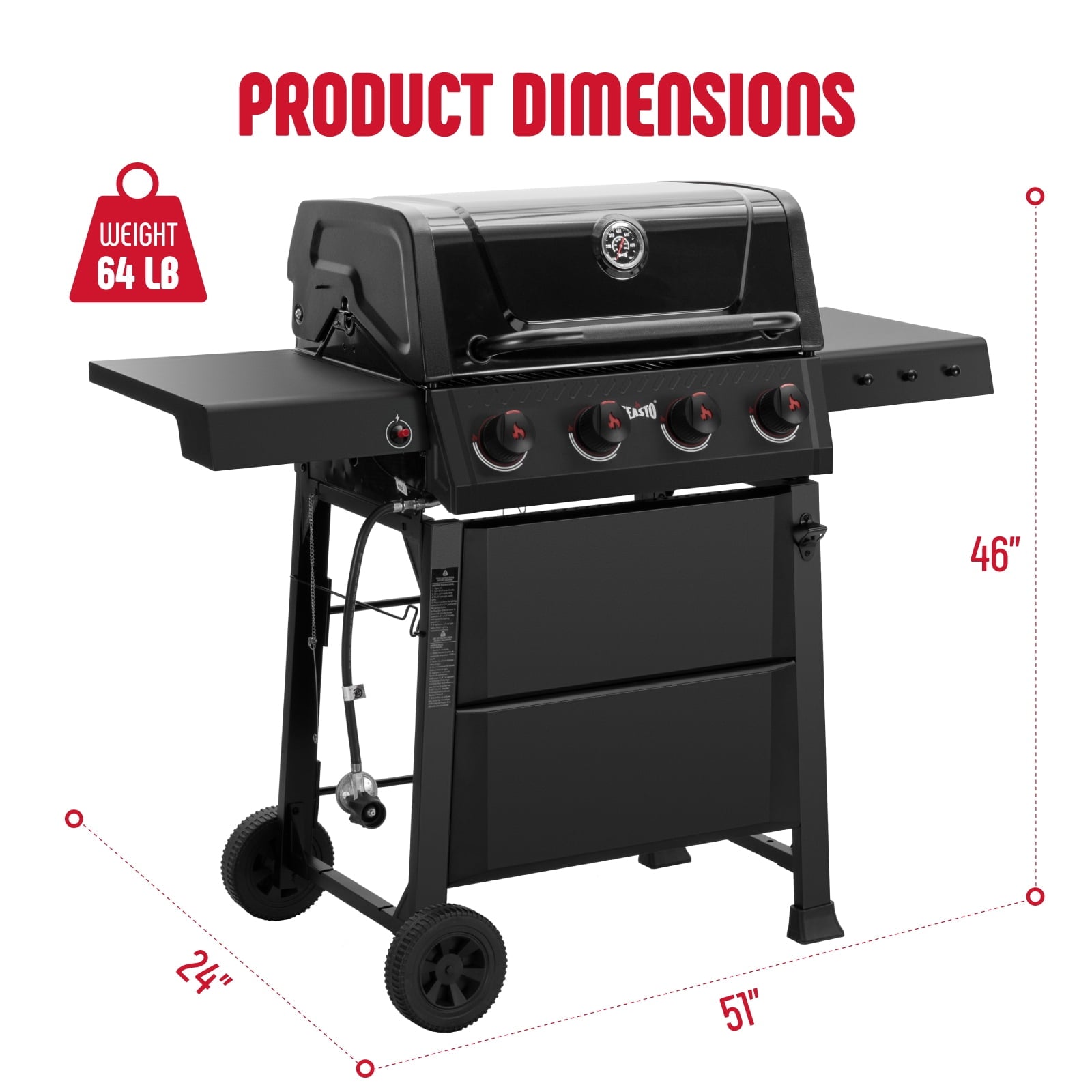 Feasto 4-Burner Propane Gas Grill, Outdoor Grill with 2 Side Tables and Porcelain-Enameled Grates, Black Gas Grills