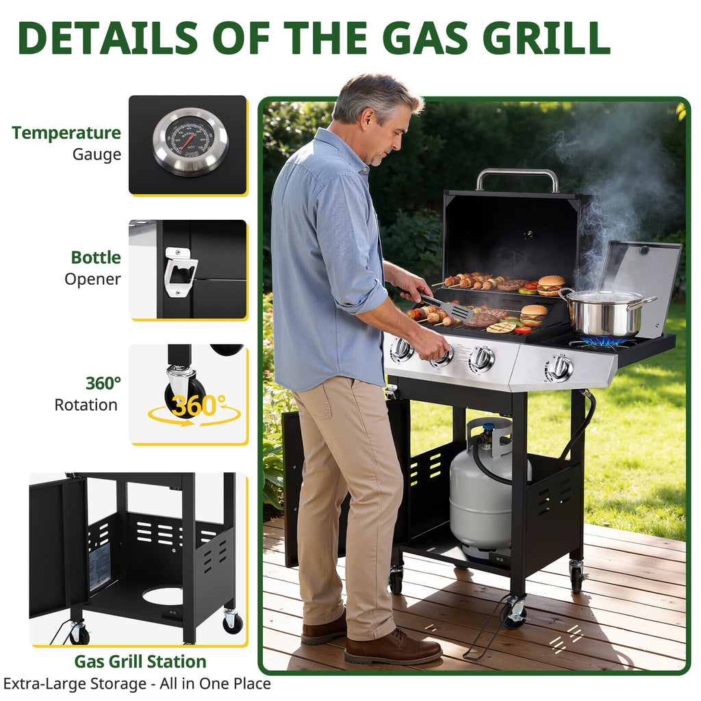 BBQ Grill, Seizeen Gas Grill with Side Burner, 40,000BTU 3-Burner Propane Grill w/Storage Cabinet, Steel Brush, Stainless Steel Camping for Backyard Patio, Portable Design on Wheels Gas Grills