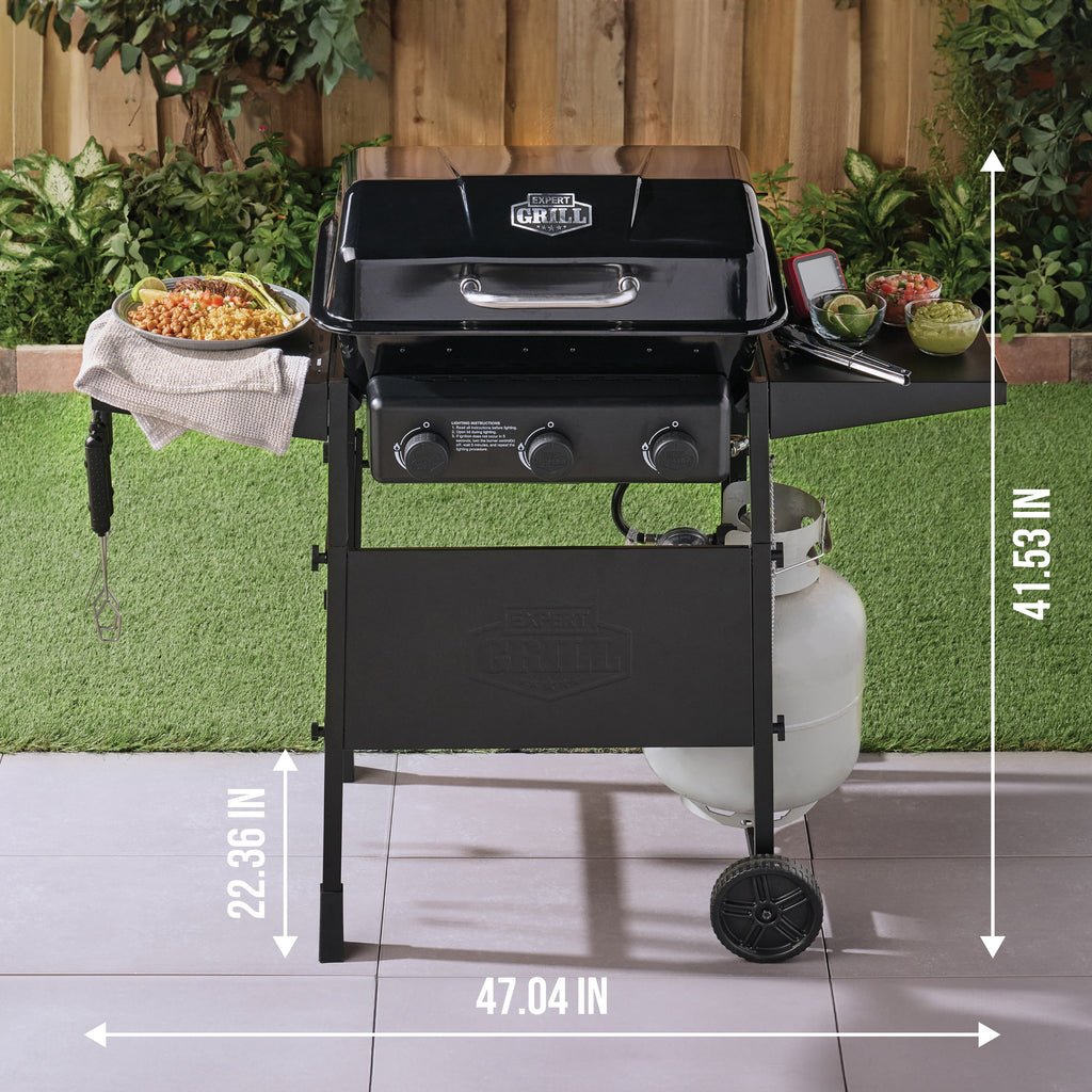 Expert Grill 3-Burner Propane Gas Grill with Wheels and Side Shelves, Black Expert Grill