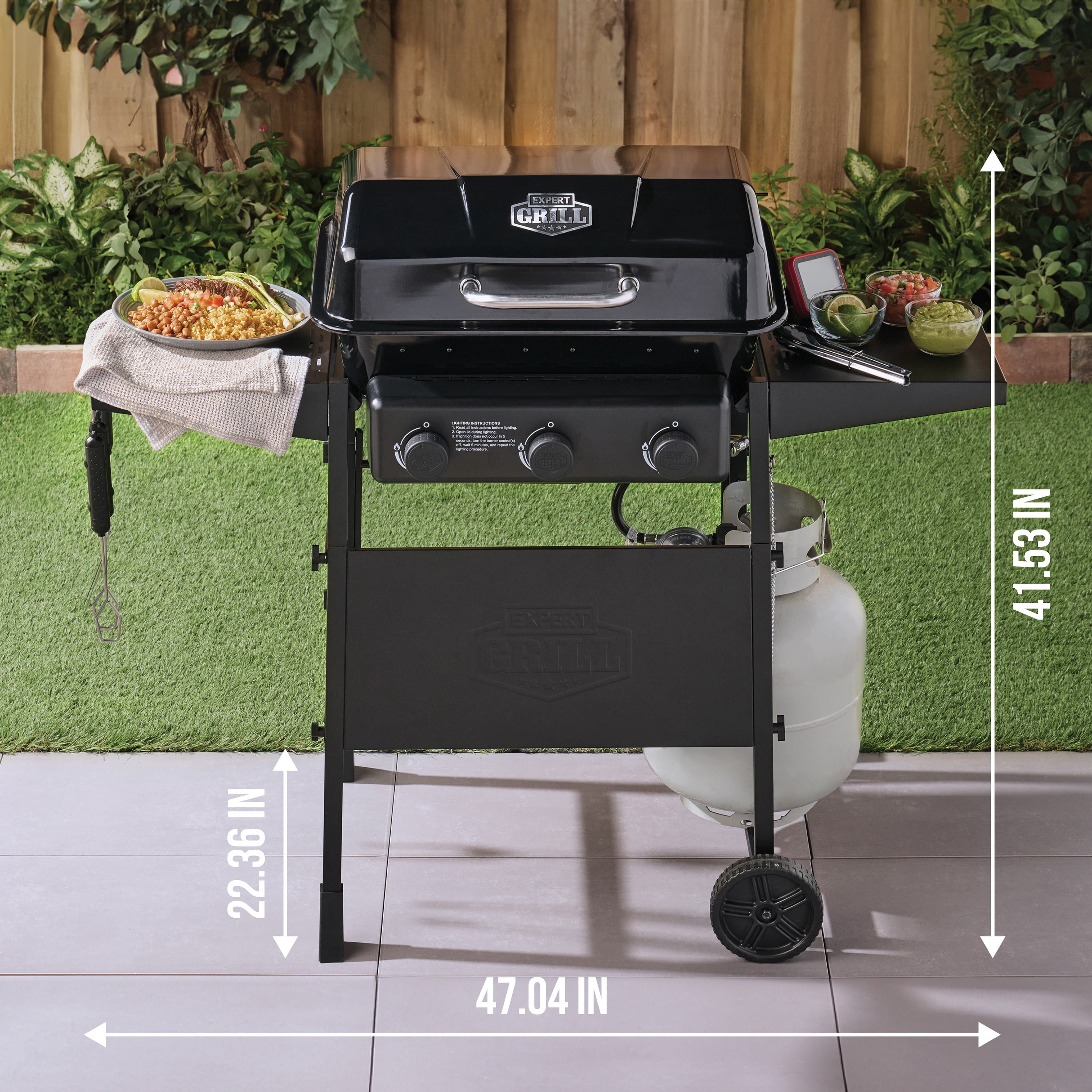 Expert Grill 3-Burner Propane Gas Grill with Wheels and Side Shelves, Black Expert Grill