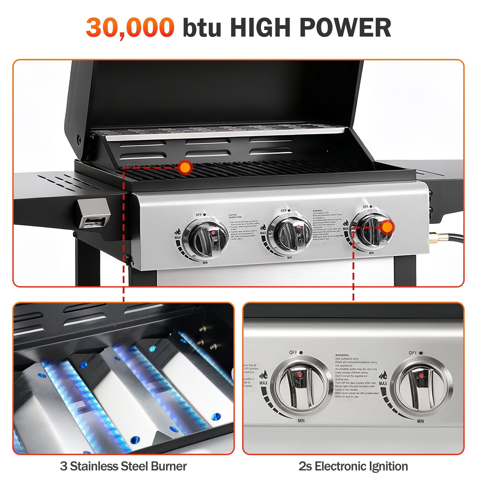 BBQ Grill, Seizeen 30,000 BTU 3-Burner Gas Grill Portable, Backyard Camping Propane Grill with  Daul Zone, Foldable Table, Hanging Basket, Steel Brush, Universal Wheels Gas Grills