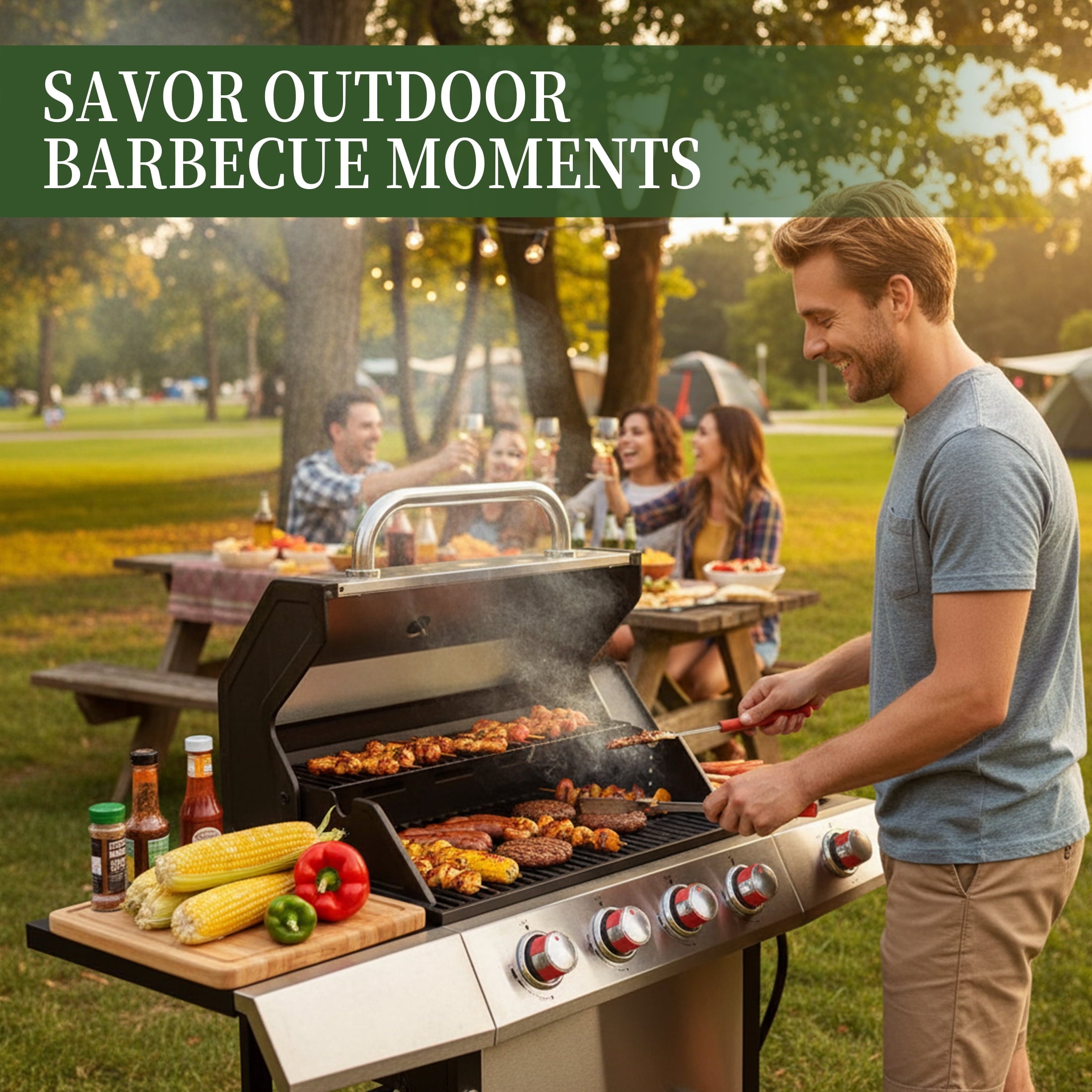 4 Burner Propane Gas Grill Combo w/Side Burner, 3-in-1 BBQ Grill with Charcoal Smoker & Griddle Plate, 46,750 BTU, 448 Sq.In. Stainless Steel Outdoor Cooking Station Nice Cooker