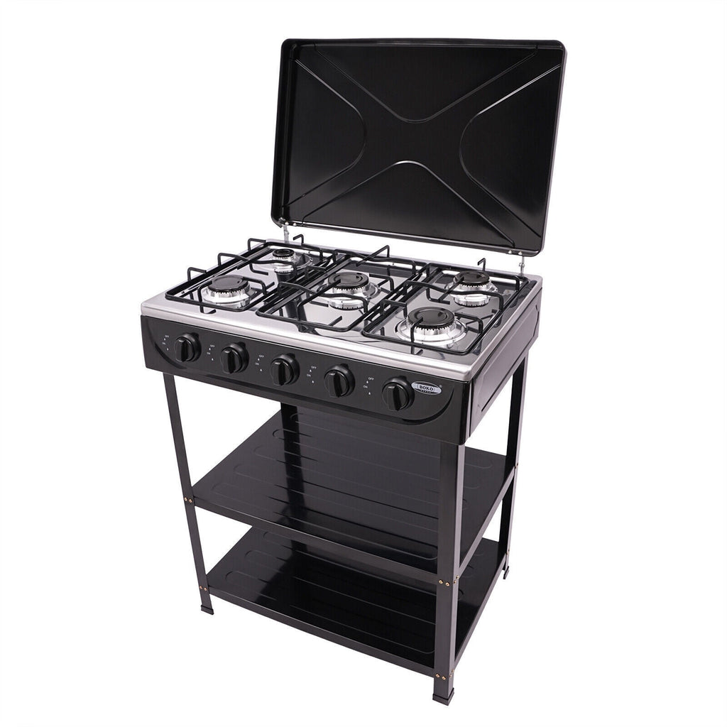 5-Burner Gas Stove Outdoor Camping Cooking BBQ Grill with 2-Tier Storage Rack Unbranded