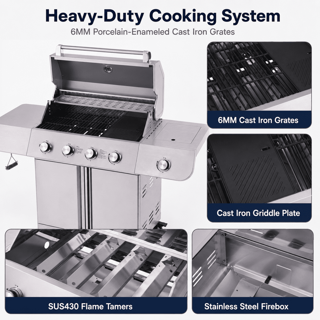 50000BTU Ultra Gas Grill, Syngar Propane Grills with 474 sq.in Cooking Area, 5-Burner Stainless Steel BBQ Grill with Side Burner and Thermometer for Outdoor Party, Camping Gas Grills
