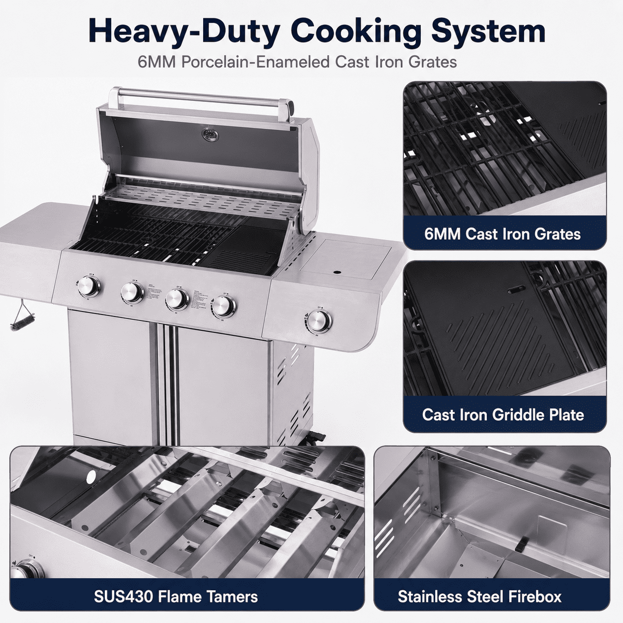 50000BTU Ultra Gas Grill, Syngar Propane Grills with 474 sq.in Cooking Area, 5-Burner Stainless Steel BBQ Grill with Side Burner and Thermometer for Outdoor Party, Camping Gas Grills