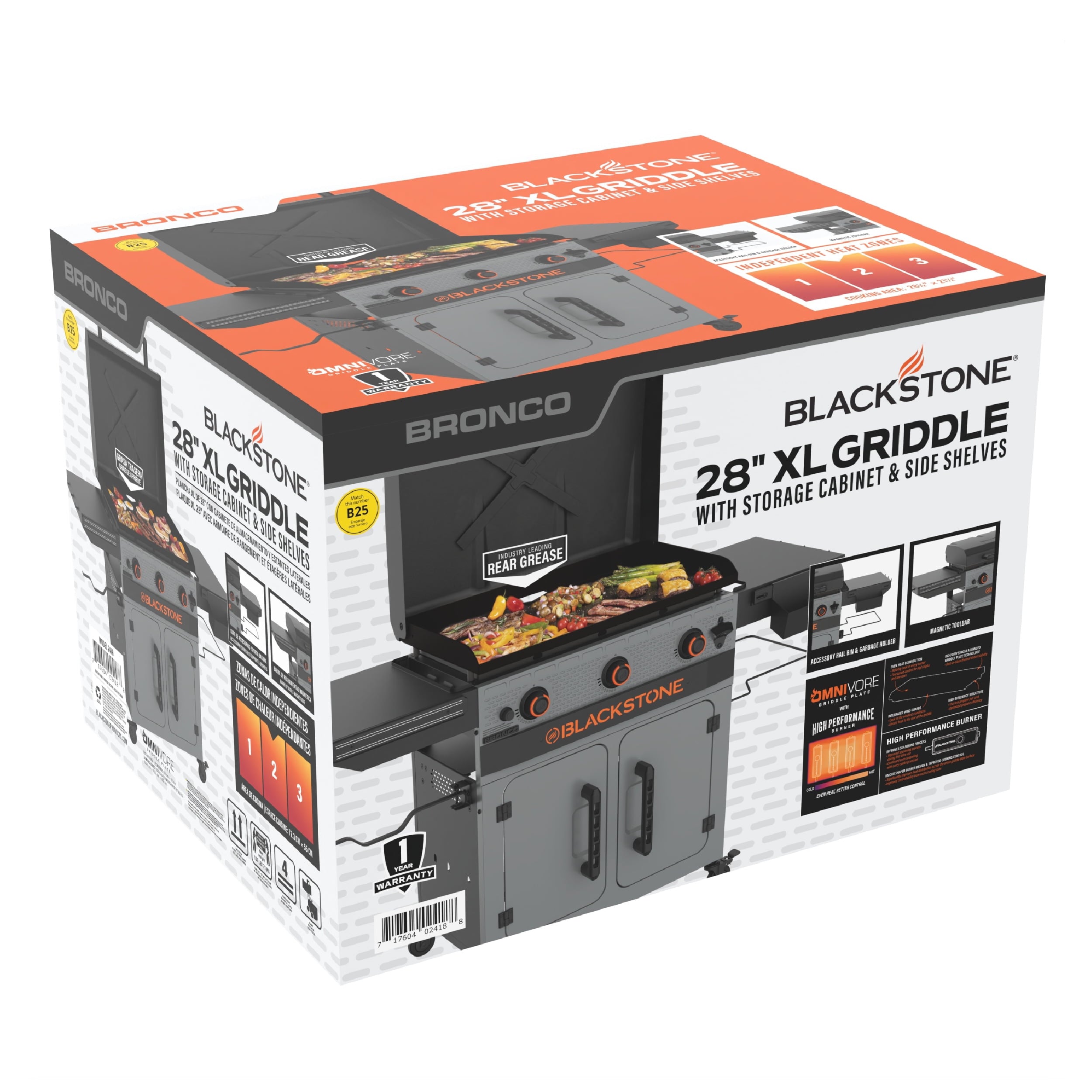 Blackstone Bronco Outdoor Griddle, 3-Burner 28 XL Propane Flat Top Grill with Side Shelves and Cabinet, Gray Blackstone