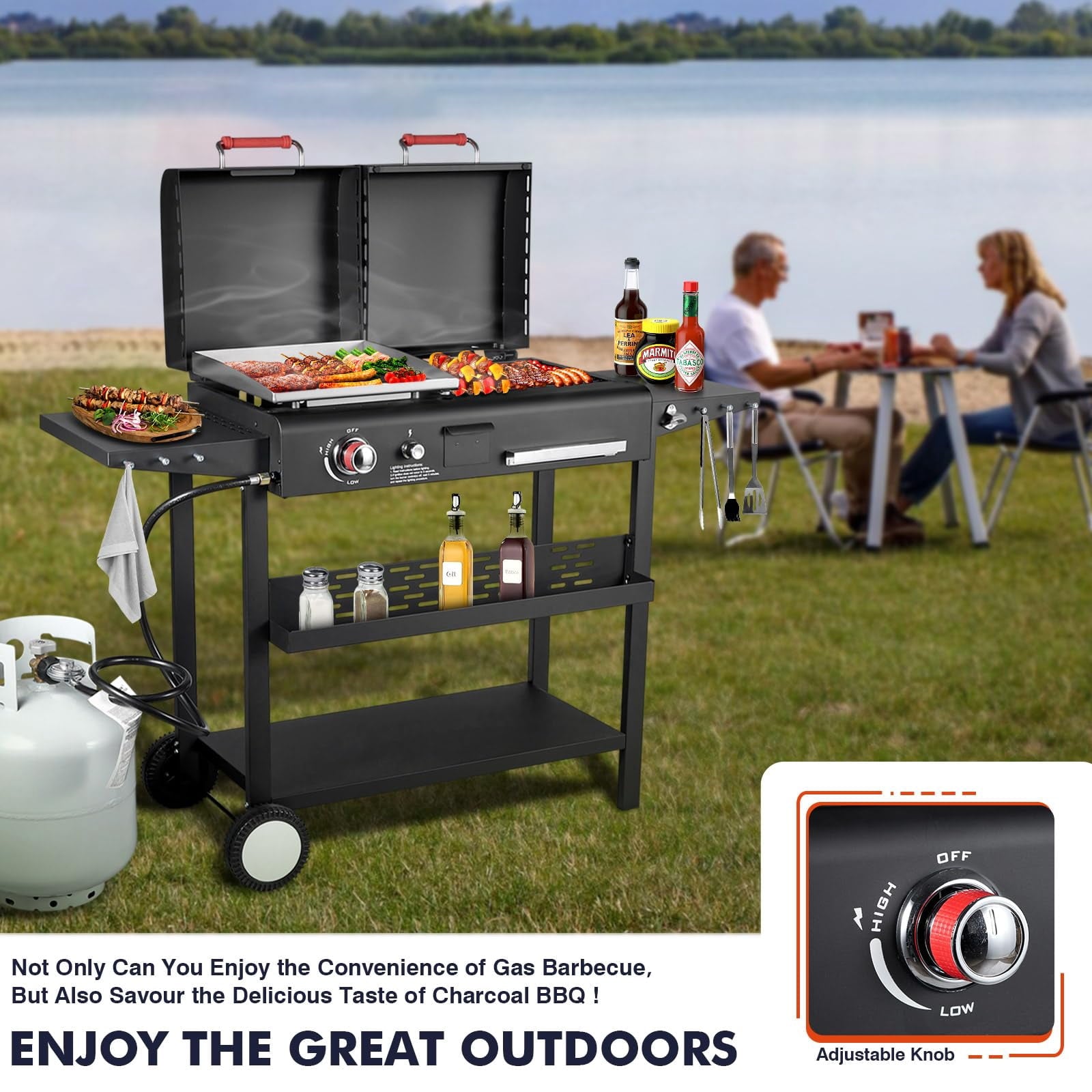 Frizi Charcoal and Gas Grill Combo with Black Dual Lids, Dual Fuel Propane Gas Grill with 2 Side Shelves for Outdoor Backyard Barbecue Cooking Gas Grills