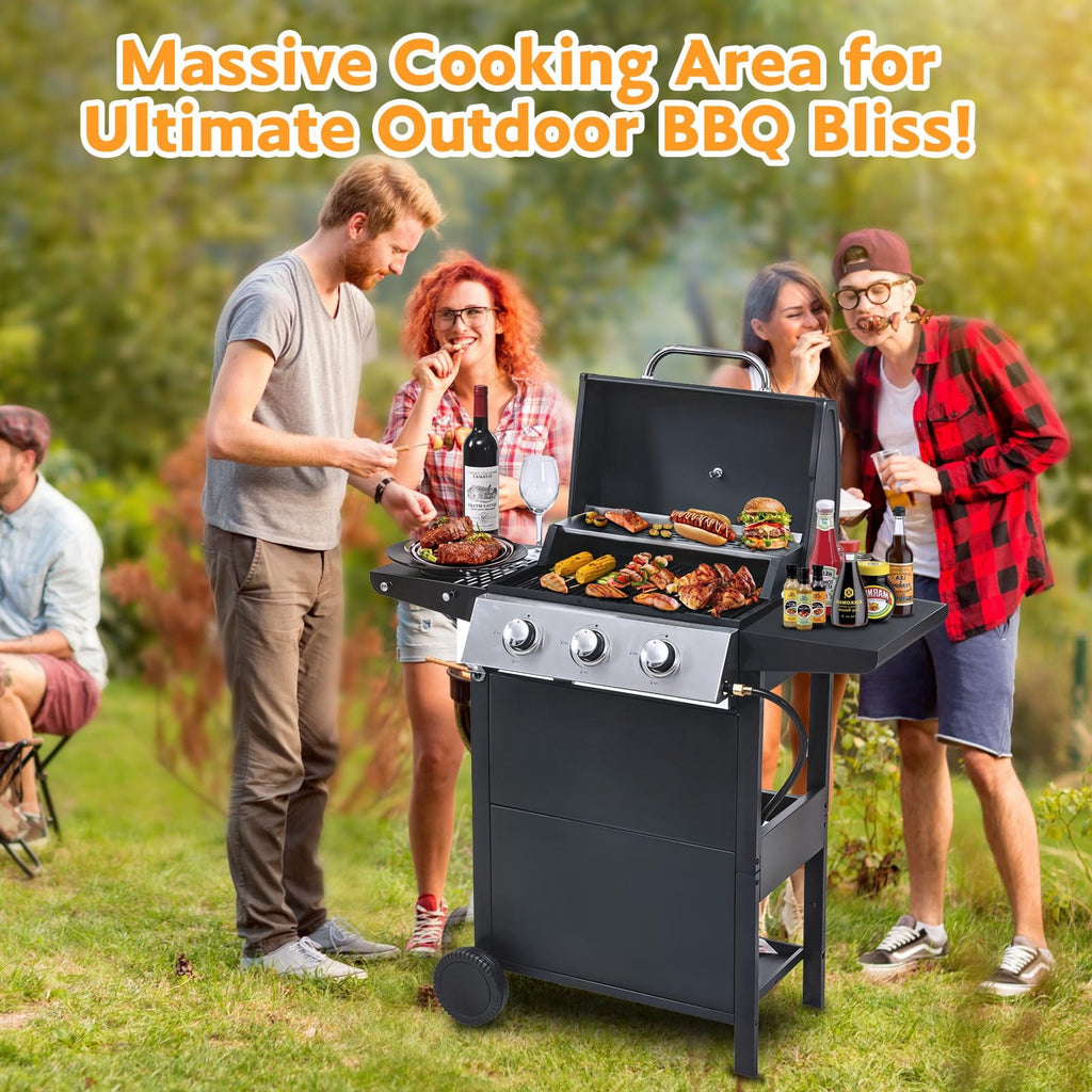 Highsound 3-Burner Propane Gas Grill, 25,650 BTU Stainless Steel BBQ Grill with Side Tables, Outdoor Portable Grill for Backyard & Camping, Black Gas Grills