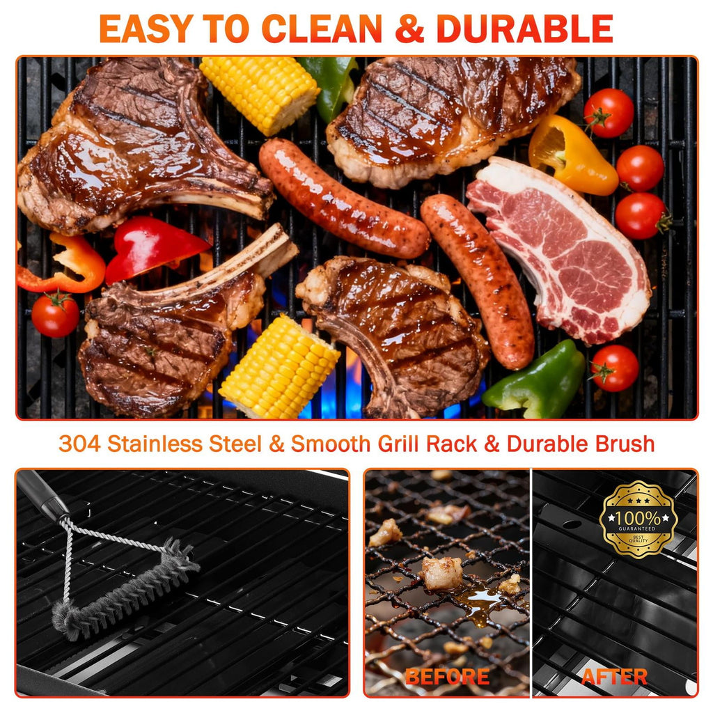 BBQ Grill, Seizeen 30,000 BTU 3-Burner Gas Grill Portable, Backyard Camping Propane Grill with  Daul Zone, Foldable Table, Hanging Basket, Steel Brush, Universal Wheels Gas Grills