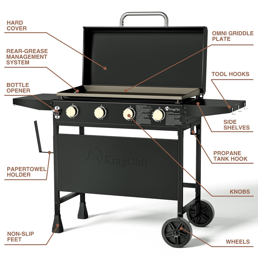 KingChii 4-Burner 30.6 Propane Griddle Outdoor Flat Top Gas Grill Griddle with Hard Cover for Camping, Tailgating, BBQ, Parties, Backyard & Patio Gas Grills