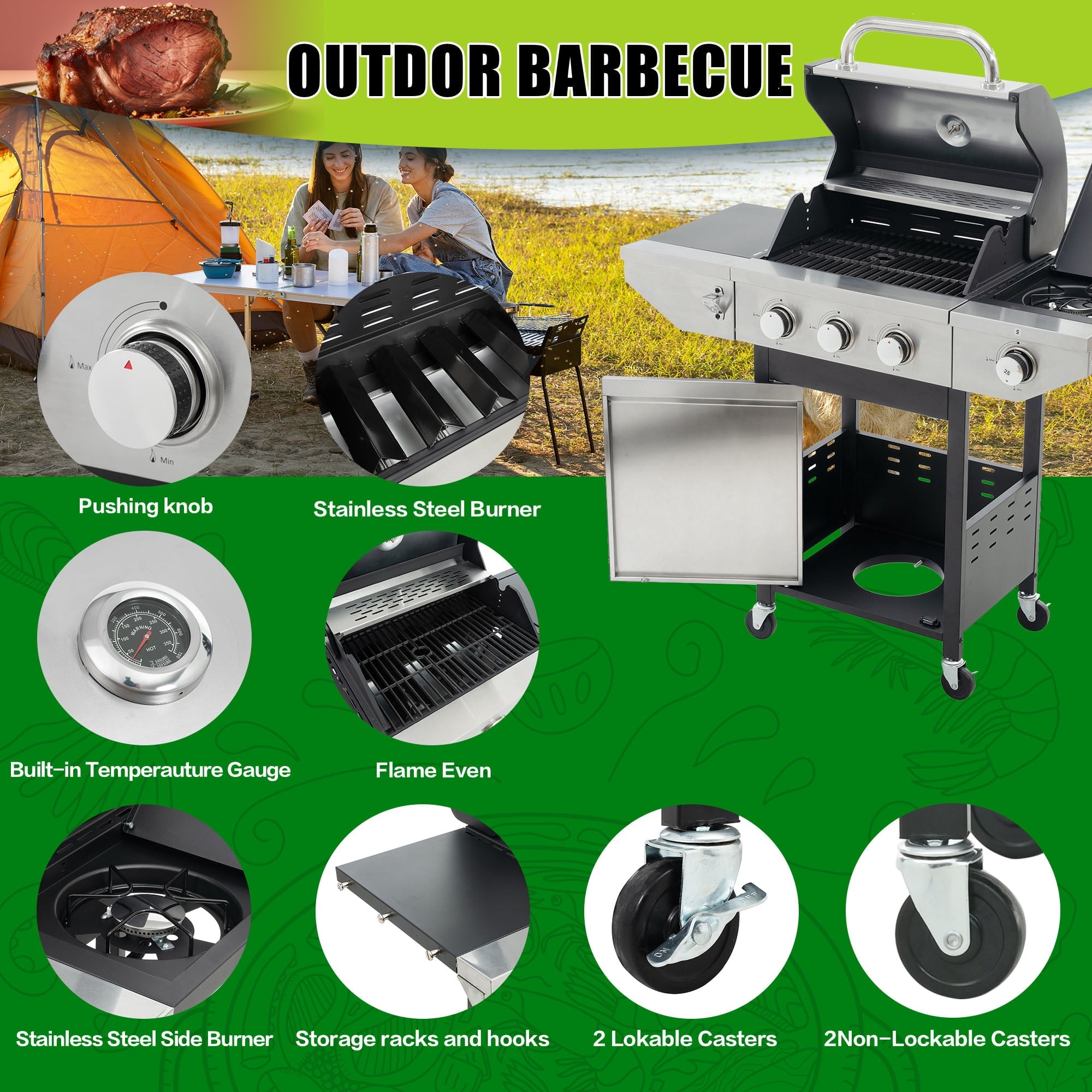 Holaki 3-Burner Propane Gas Grill with Side Burner, Stainless Steel, 37,000 BTU, Thermometer, Outdoor Bbq Grill Gas Grills