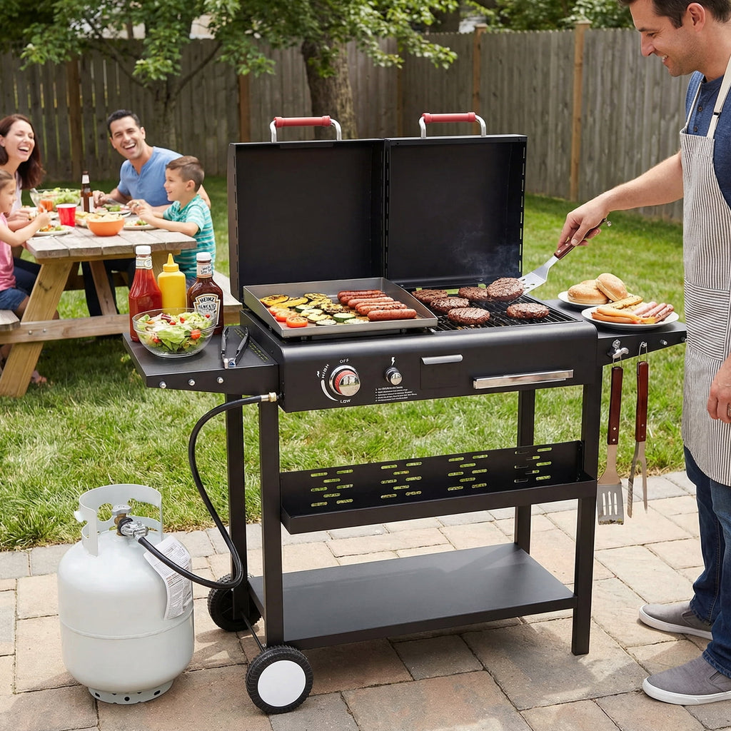 SIXDAY Dual Fuel Charcoal and Propane Grill Combo with Dual Lids, 12000 BTU Outdoor BBQ Grill with 2 Side Shelves for Backyard Cooking Gas Grills