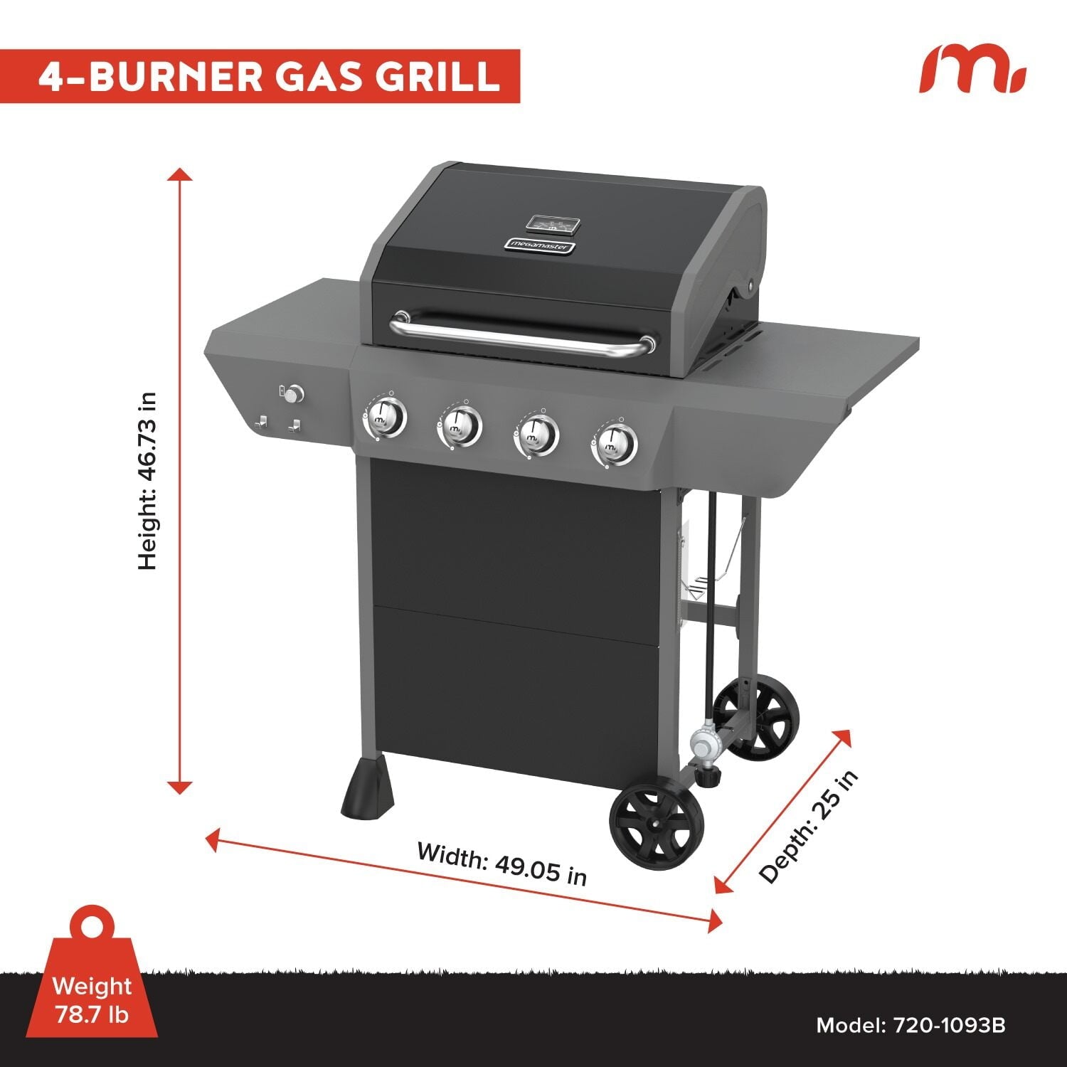 Megamaster 4-Burner Propane Gas Grill with Side Tables, 44,000BTUs, 566.92 SQ. In. Cooking Space, 2 Wheel Transport, Outdoor Kitchen Grill for BBQs, Backyards, Tailgating, and More - 720-1093B Gas Grills