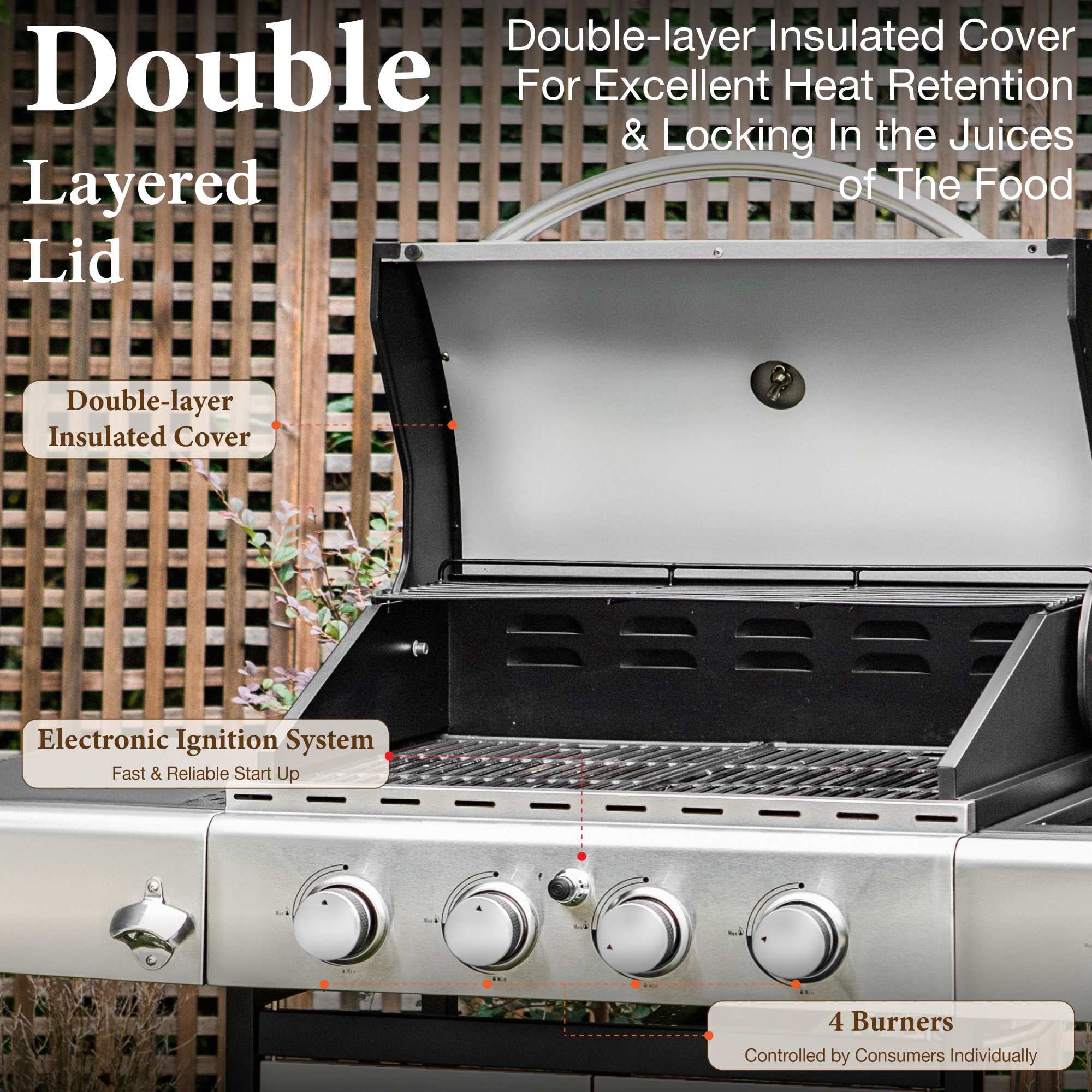 MF Studio 4 Burner Propane Gas Outdoor Grill with Side Burner Stainless Steel BBQ Grill Gas Grills