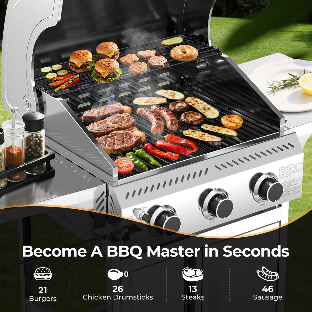 WAA 3-Burner Propane Gas Grill,24000BTU Stainless Steel BBQ with Foldable Side Tables & Durable Grates - Ideal for Outdoor Backyard/Patio Cooking My Store