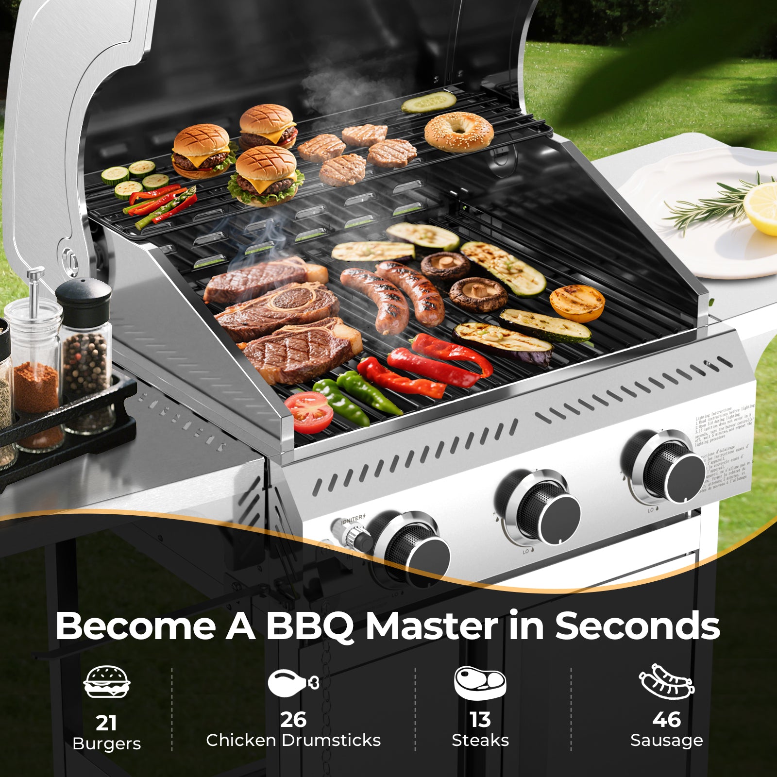 WAA 3-Burner Propane Gas Grill,24000BTU Stainless Steel BBQ with Foldable Side Tables & Durable Grates - Ideal for Outdoor Backyard/Patio Cooking My Store