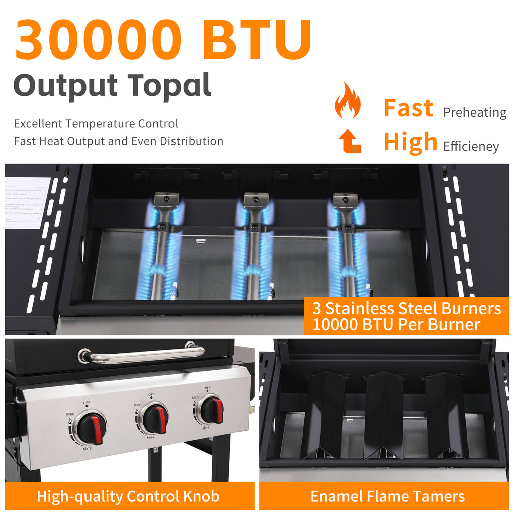 3-Burner Propane Gas Grill with Cast Iron Grate - 30000 BTU Output & Easy-Clean Grease Management for Perfect BBQs (3-Burner) Born Free