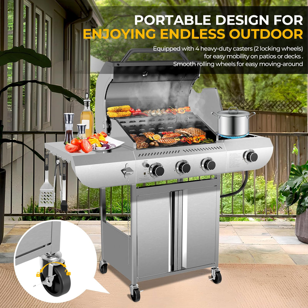 LHRIVER Stainless Steel BBQ Grill, 3 Burner Propane Gas Grill with Side Burner  for Outdoor Cooking Patio Backyard Gas Grills