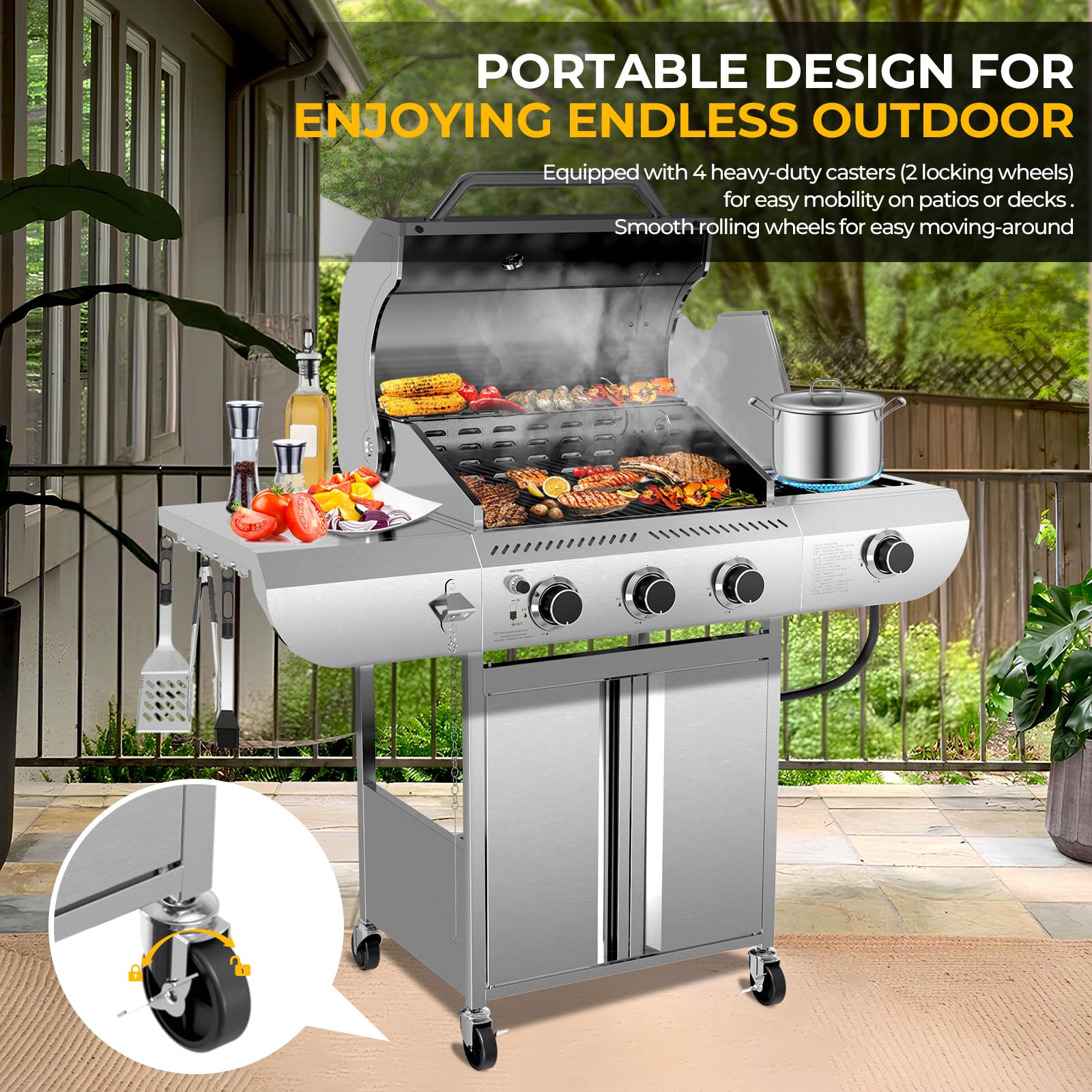LHRIVER Stainless Steel BBQ Grill, 3 Burner Propane Gas Grill with Side Burner  for Outdoor Cooking Patio Backyard Gas Grills