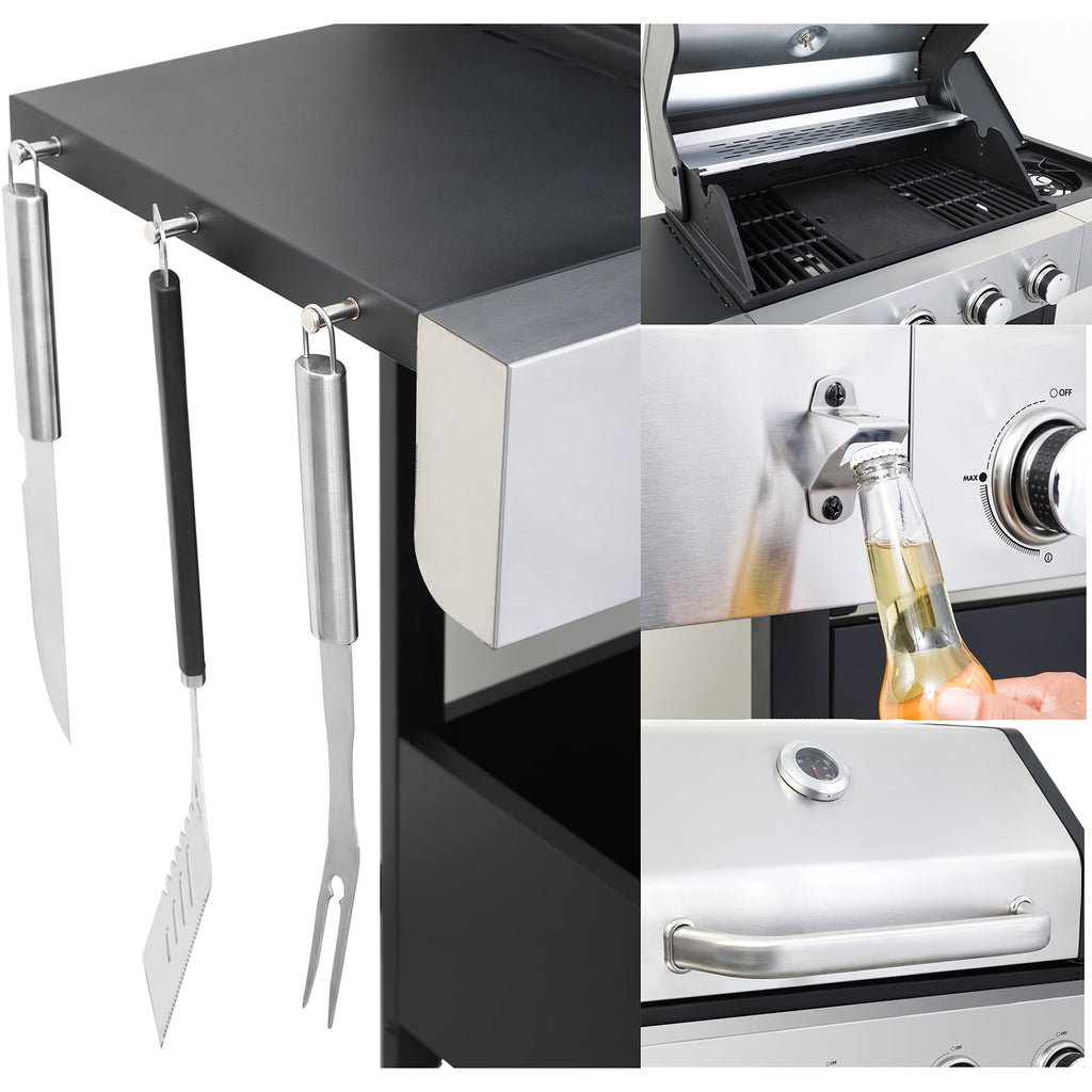 Stainless Steel Portable 4-Burner Propane Gas Grill, 46790BTU Output with bottle opener and 2pcs hooks, Stainless Steel for Outdoor Barbecue HZWDD