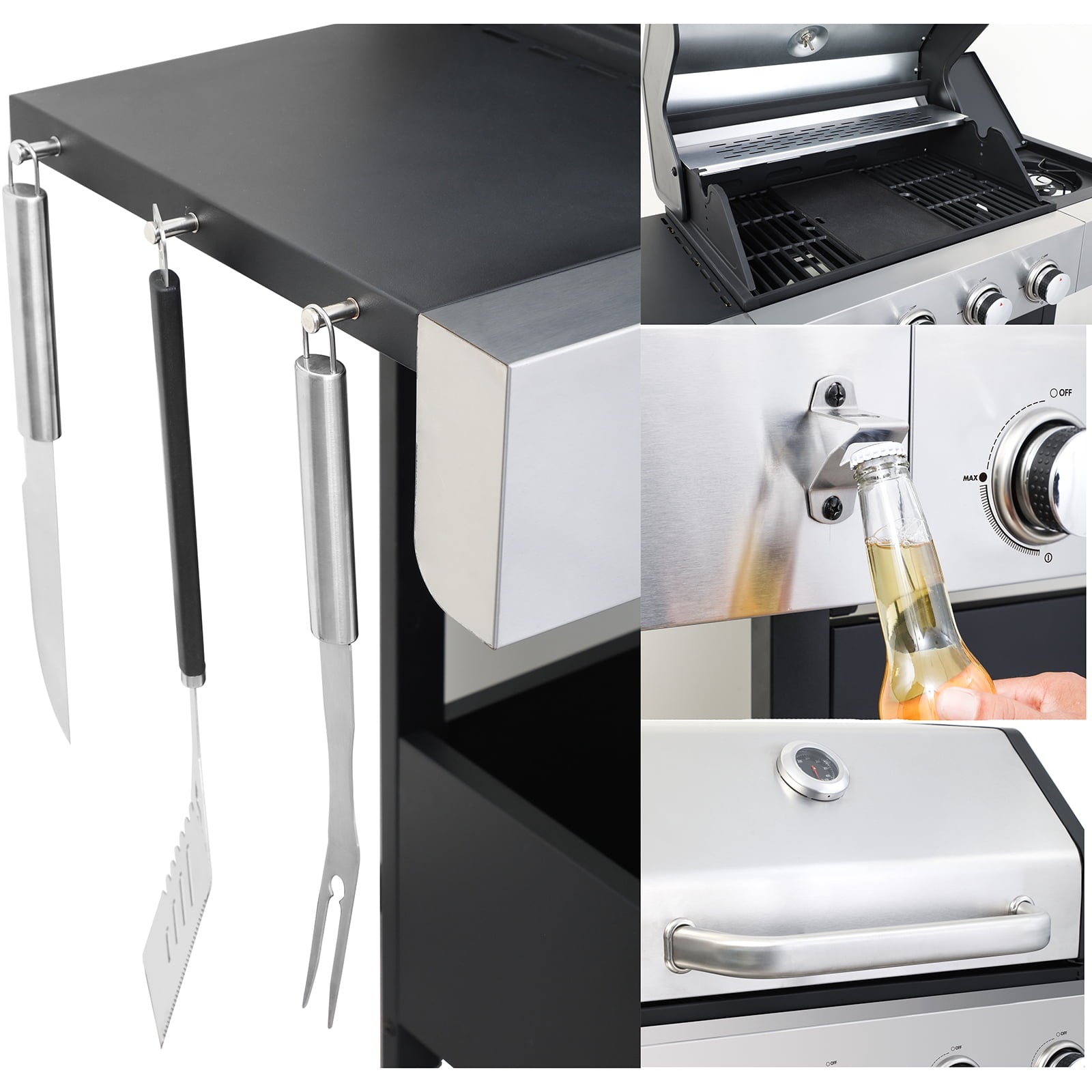 Stainless Steel Portable 4-Burner Propane Gas Grill, 46790BTU Output with bottle opener and 2pcs hooks, Stainless Steel for Outdoor Barbecue HZWDD
