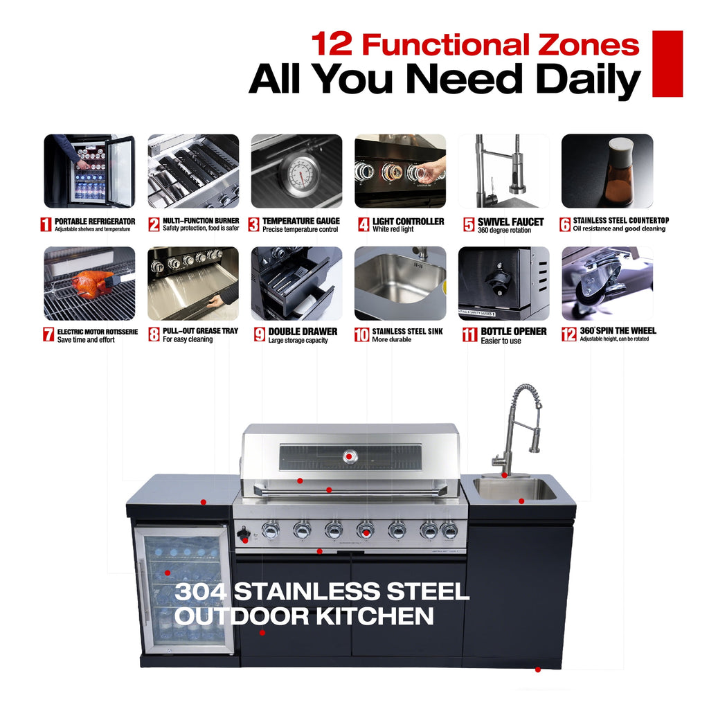 82Inch 6-Burner 85000 BTU Deluxe Stainless Steel Gas Outdoor Kitchen Bar Barbecue Island Grill  + Wine Cooler Compact Refrigerator + Rotisserie + Stainless Steel Countert + Storage Cabinets & Drawers My Store