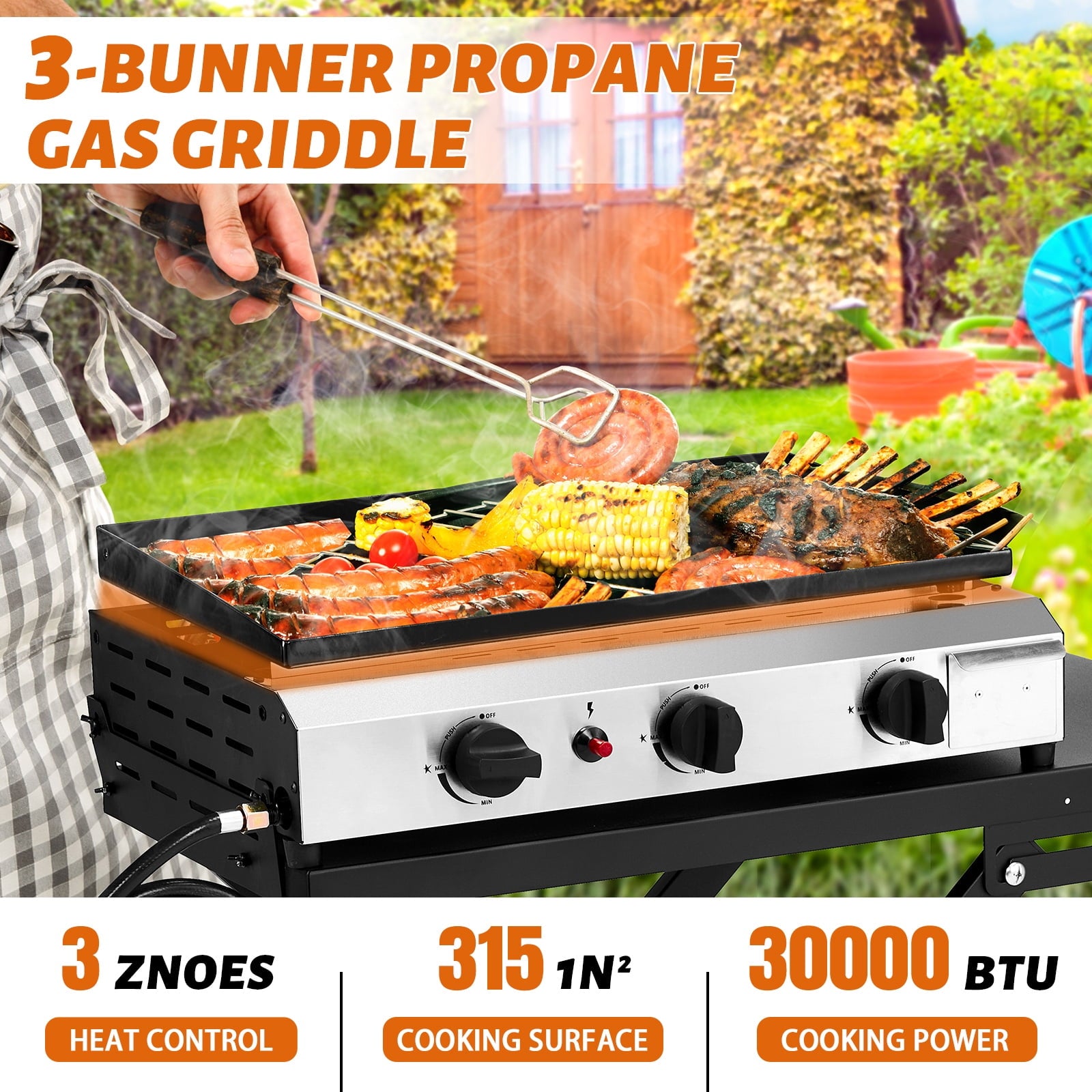 Ktaxon 3 Burner Propane Griddle Flat Top Gas Grill 30000 BTU Portable Grill with Ceramic Coated Cast Iron Pan,Side Shelves,Wheels Ktaxon