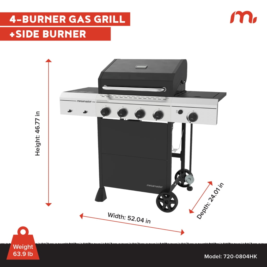 Megamaster 4-Burner Gas Grill with Side Burner & Grill Cover, 52,000 BTUs, 568 SQ. In. Cooking Area, Propane BBQ Grill with Stainless Steel Panel for Outdoor Cooking, Patios, and More - 720-0804HK Gas Grills