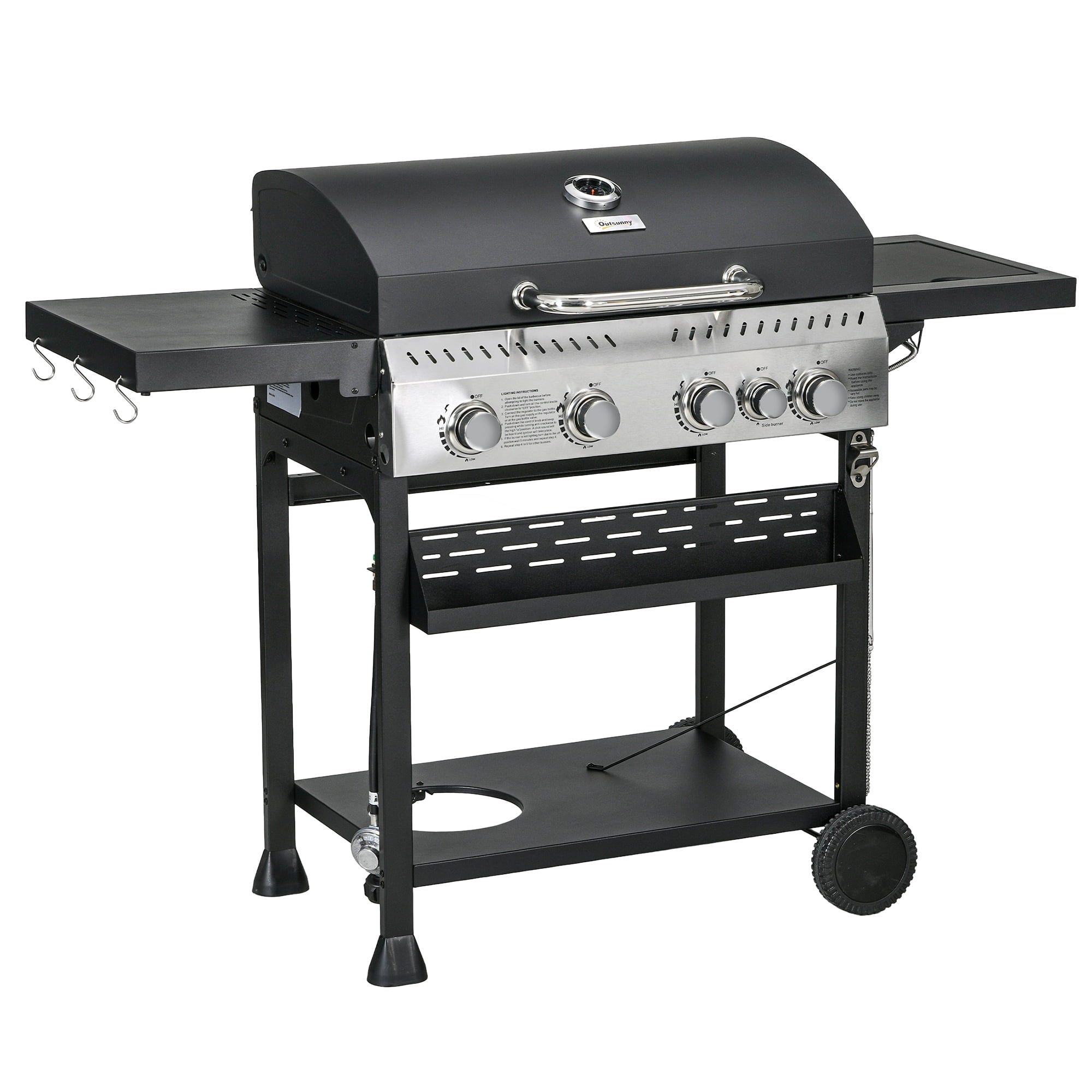 Outsunny 4 Burner Propane Gas Grill with Side Burner, 40,000 BTU Outdoor Barbeque with Shelves, Thermometer, Bottle Opener, Black Outsunny