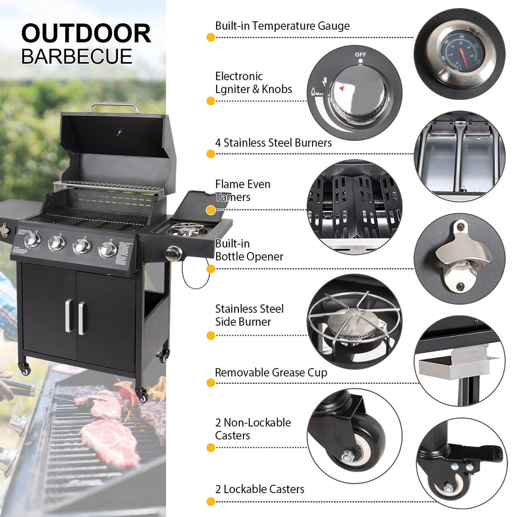 Polar Aurora Propane Gas Grill 4-Burners a Side Burner, Side Table, Steel Grill Cart for Garden Outdoor Cooking Picnic Polar Aurora