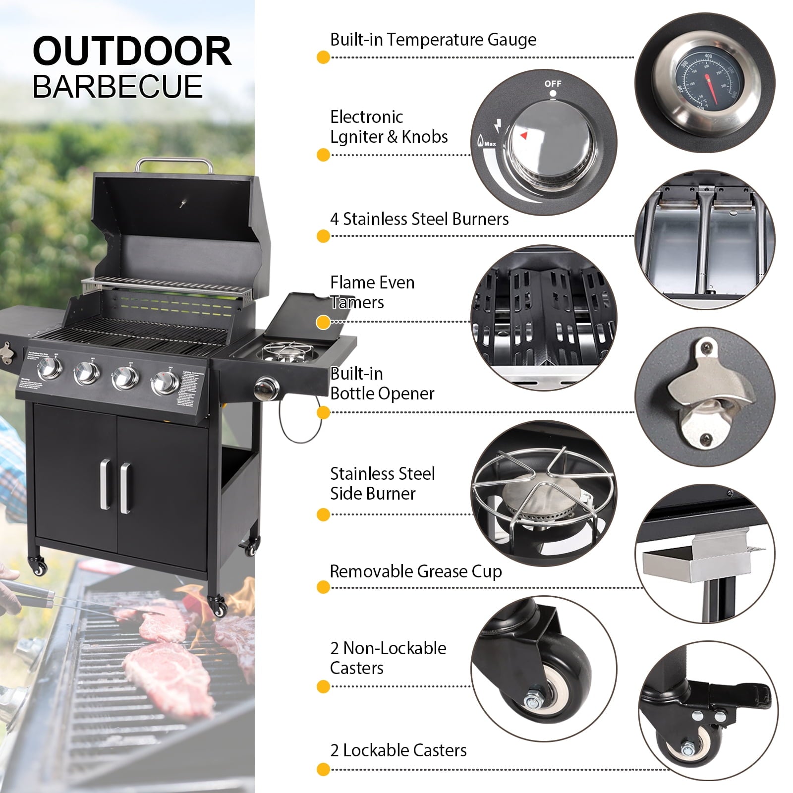 Polar Aurora Propane Gas Grill 4-Burners a Side Burner, Side Table, Steel Grill Cart for Garden Outdoor Cooking Picnic Polar Aurora