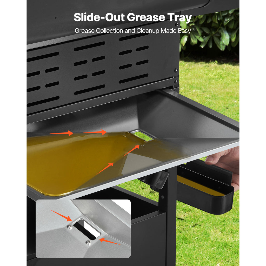 KFFKFF 4-Burner Propane Gas Grill with Side Burner, 425 SQ.In Cooking Surface, Carbon Steel Enamel Grates, Outdoor 52,000 BTU BBQ Grill with Dual Side Shelves, Durable Carbon Steel Construction KFFKFF