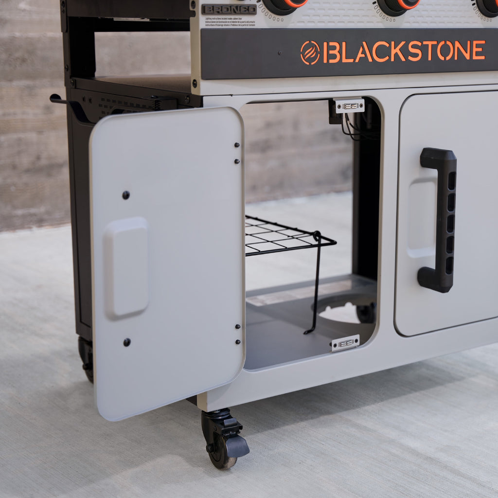Blackstone Bronco Outdoor Griddle, 3-Burner 28 XL Propane Flat Top Grill with Side Shelves and Cabinet, Gray Blackstone