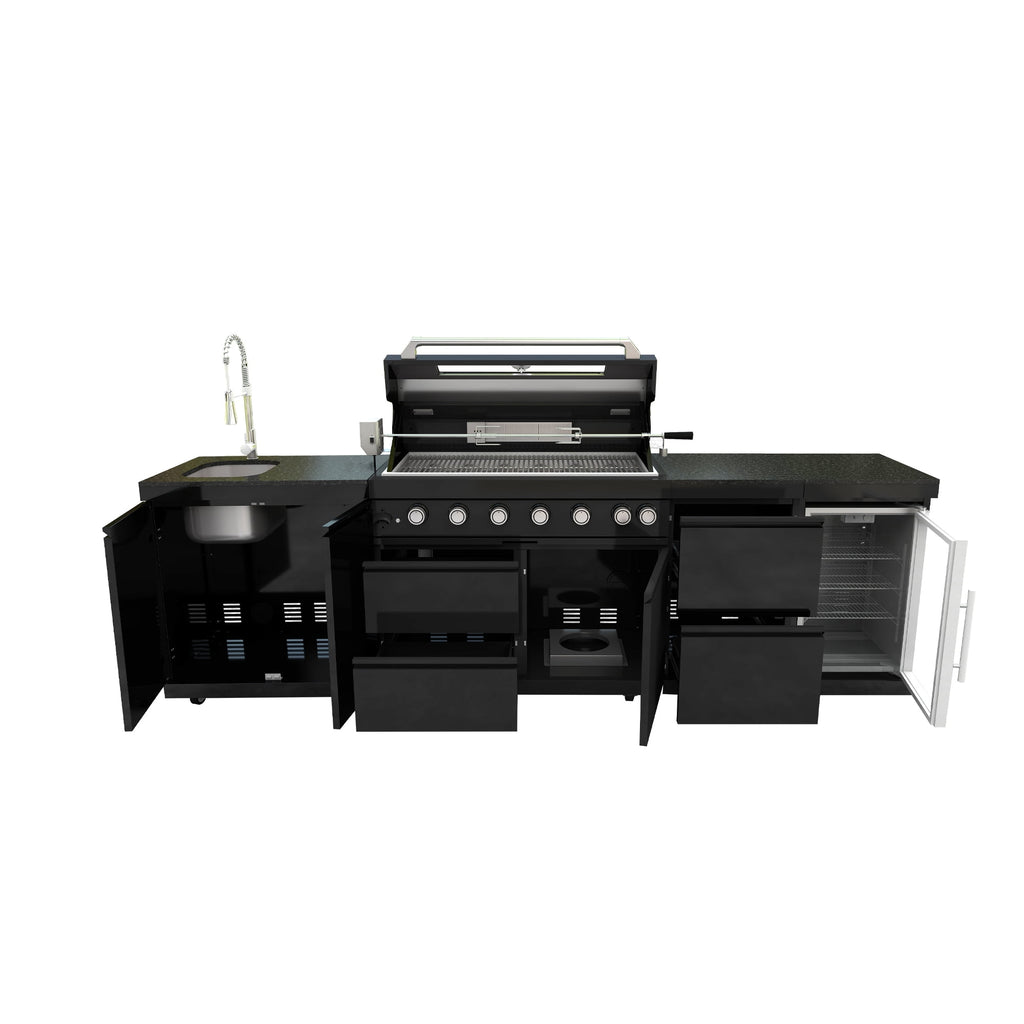 43-Inch 6-Burner 85000 BTU Deluxe Stainless Steel Gas Outdoor Kitchen Bar Barbecue Island Grill + Wine Cooler Compact Refrigerator + Rotisserie kit + Granite Countertops + Stainless steel Sink My Store