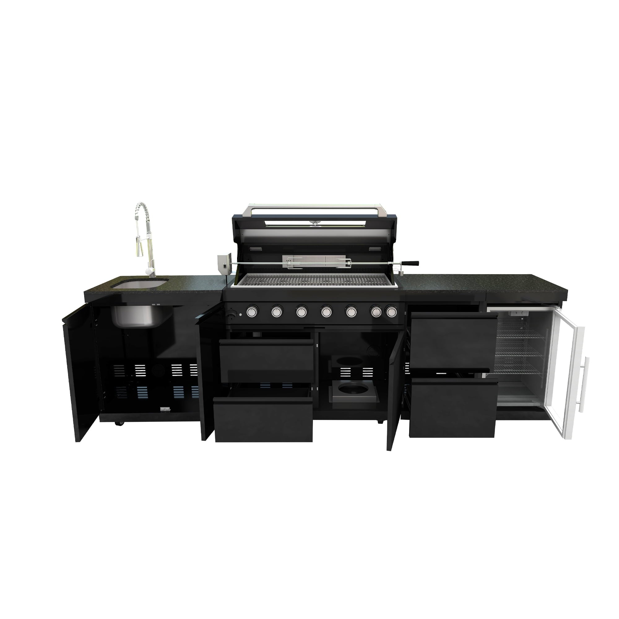 43-Inch 6-Burner 85000 BTU Deluxe Stainless Steel Gas Outdoor Kitchen Bar Barbecue Island Grill + Wine Cooler Compact Refrigerator + Rotisserie kit + Granite Countertops + Stainless steel Sink My Store