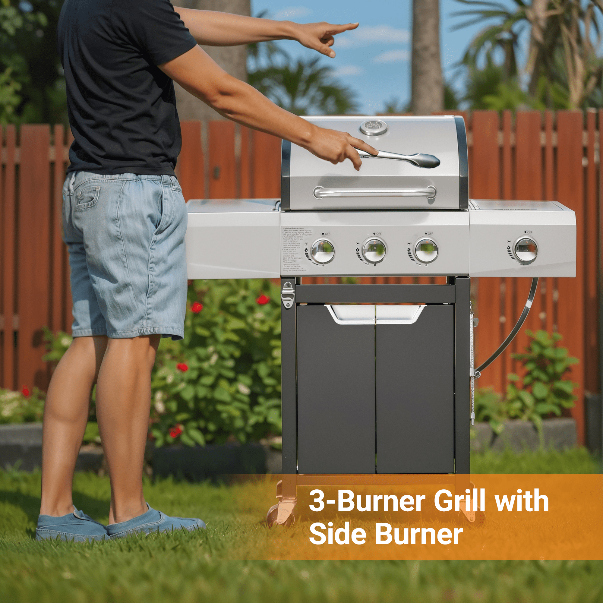 Outdoor Grill, Propane Grill 3 Burner Barbecue Grill Stainless Steel Gas Grill with Side Burner and Cover for Outdoor BBQ, Camping, Silver BBQ Grill,Stainless Steel Tabletop Grill Gas Grills