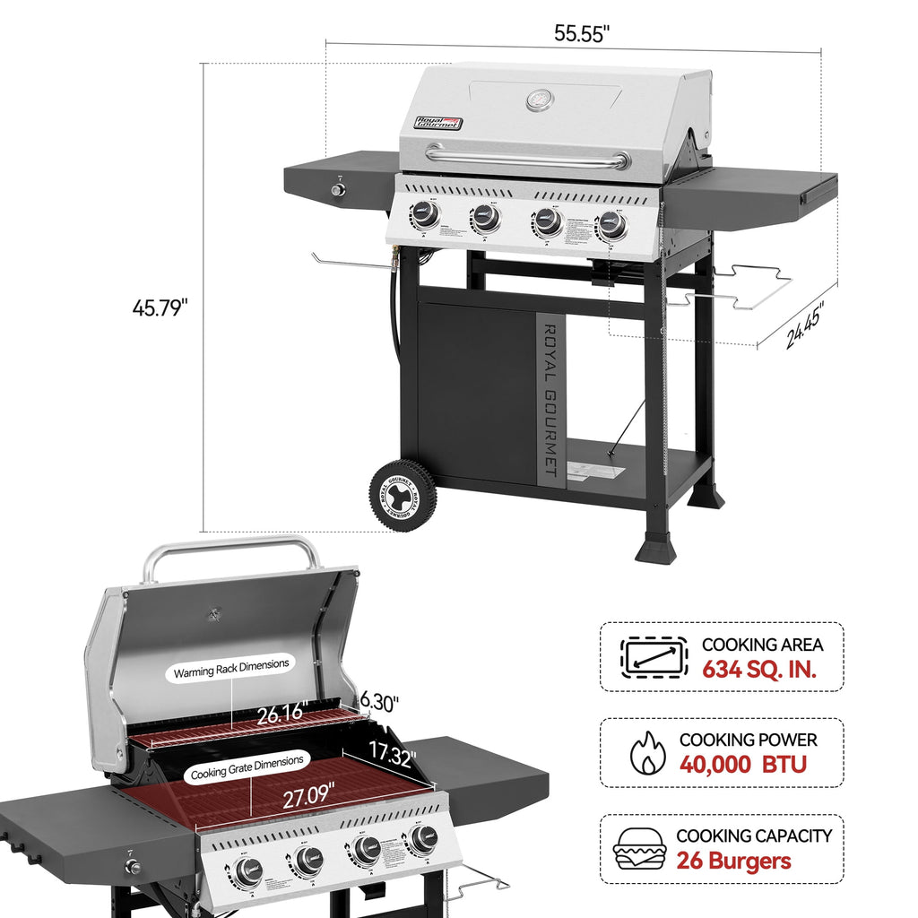 Royal Gourmet GA4405TS Premium 4-Burner Gas Grill with Side Shelves, 40,000 BTU Propane Grill with Stainless Steel Lid Royal Gourmet
