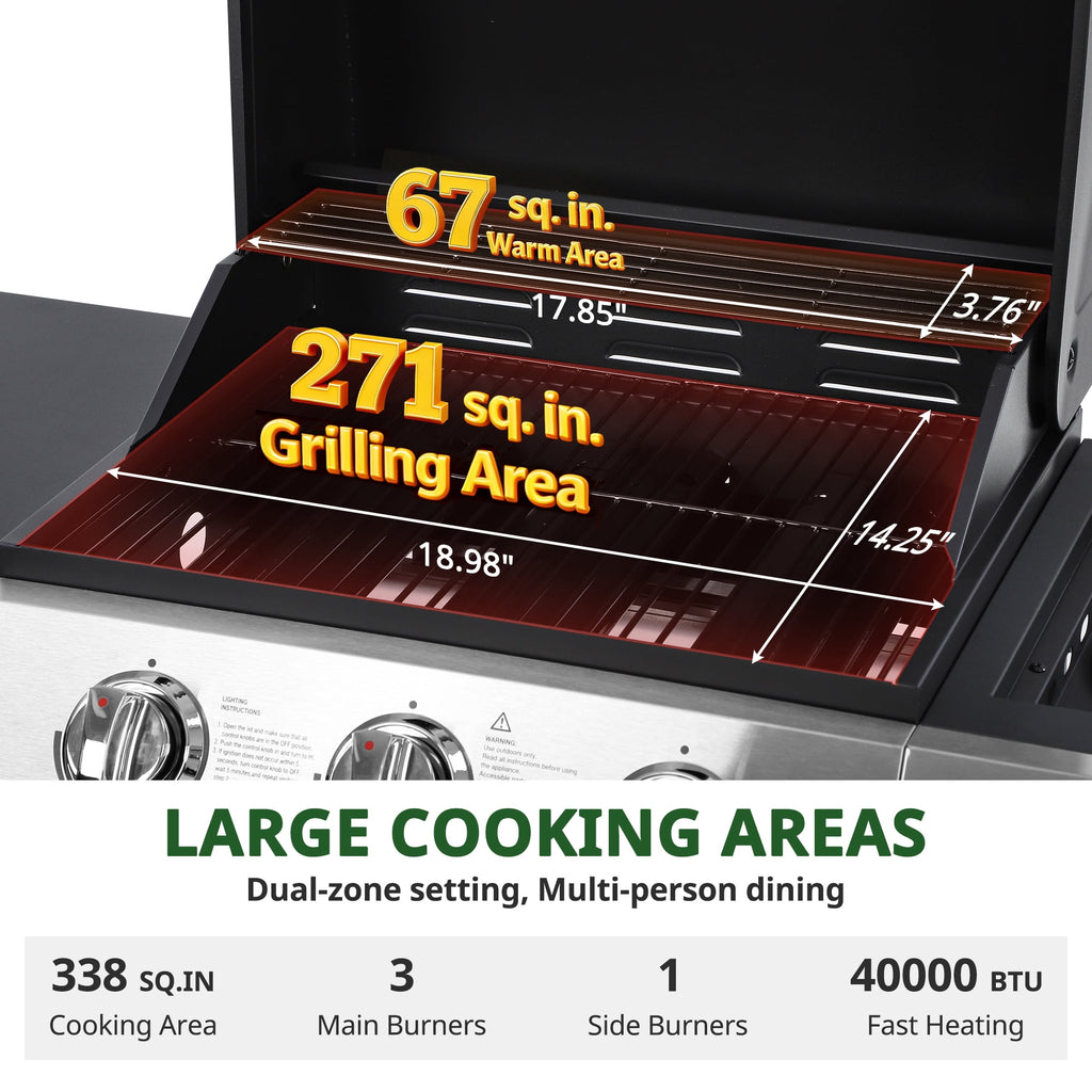 BBQ Grill, Seizeen Gas Grill with Side Burner, 40,000BTU 3-Burner Propane Grill w/Storage Cabinet, Steel Brush, Stainless Steel Camping for Backyard Patio, Portable Design on Wheels Gas Grills