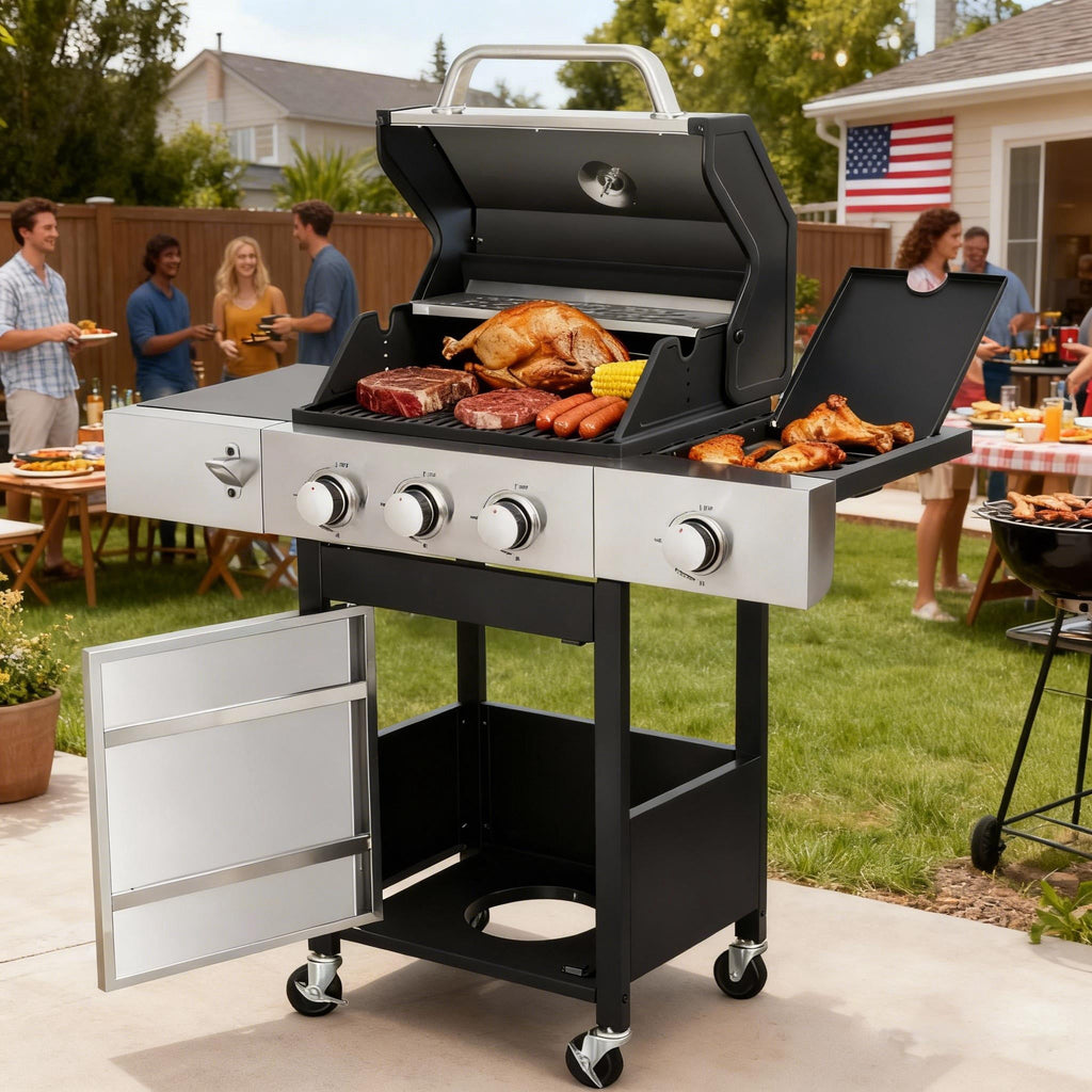 ENYOPRO 3 Burner Propane Gas Grill , Outdoor BBQ Grill with Side Burner, 37,230 BTU Gas Grill with Warming Rack, Thermometer, Lockable Casters for Patio, Garden & Camping Enyopro