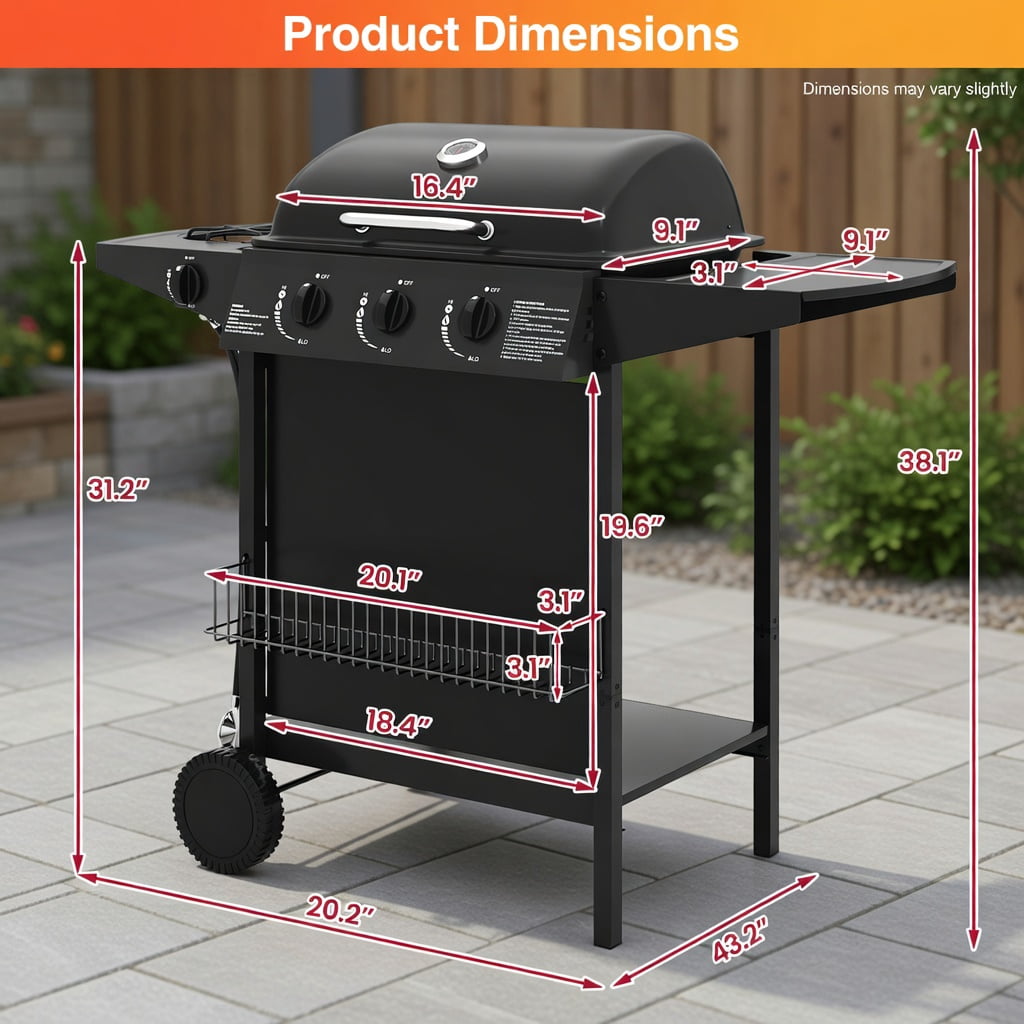 39,000 BTU Heavy-Duty Propane Gas Grill Wheels Black Stainless Steel Outdoor BBQ Grill for Patio & Backyard Kadyn