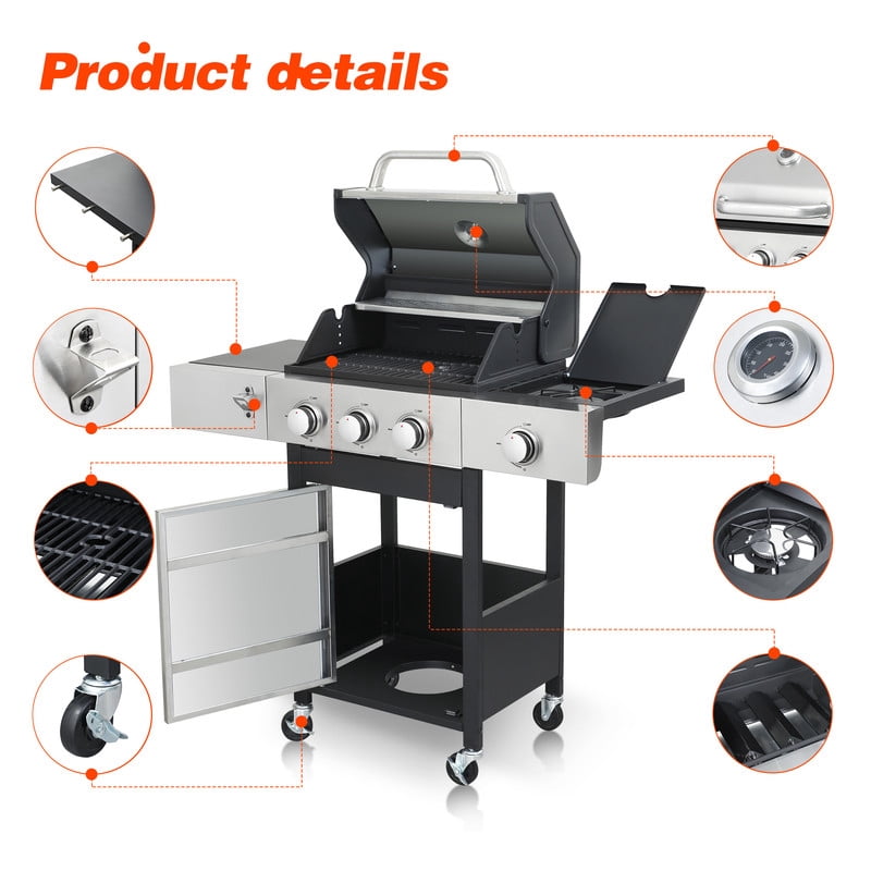 Gundir 3-Burner Propane Gas Grill with Side Burner, 37230 BTU Stainless Steel BBQ Grill, Enameled Cast Iron Grates & Foldable Side Tables, Heavy-Duty Wheels for Outdoor Cooking My Store