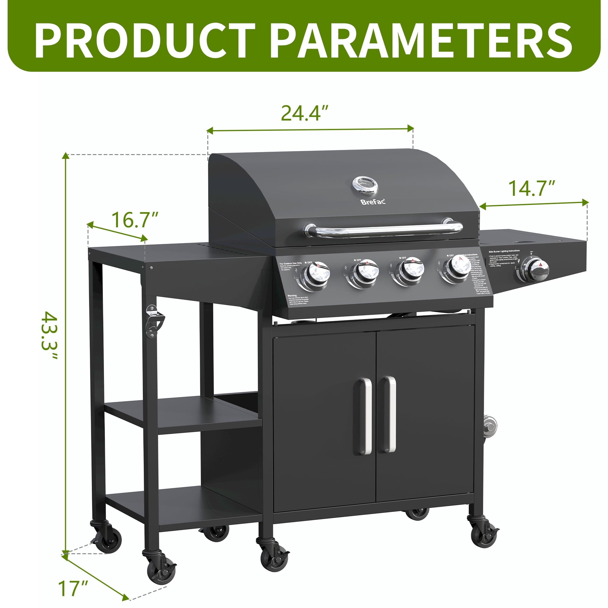 4 Burner Propane Gas Grill with 3 Tier Shelf, 50000 BTU Outdoor Cooking Stainless Steel BBQ Grills Cabinet,Can be Placed Smoke Box，Black Tcisa