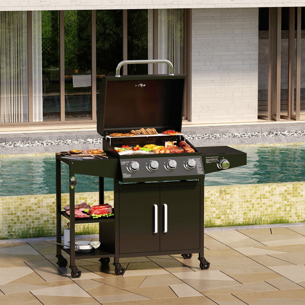 4 Burner Propane Gas Grill with 3 Tier Shelf, 50000 BTU Outdoor Cooking Stainless Steel BBQ Grills Cabinet,Can be Placed Smoke Box，Black Tcisa