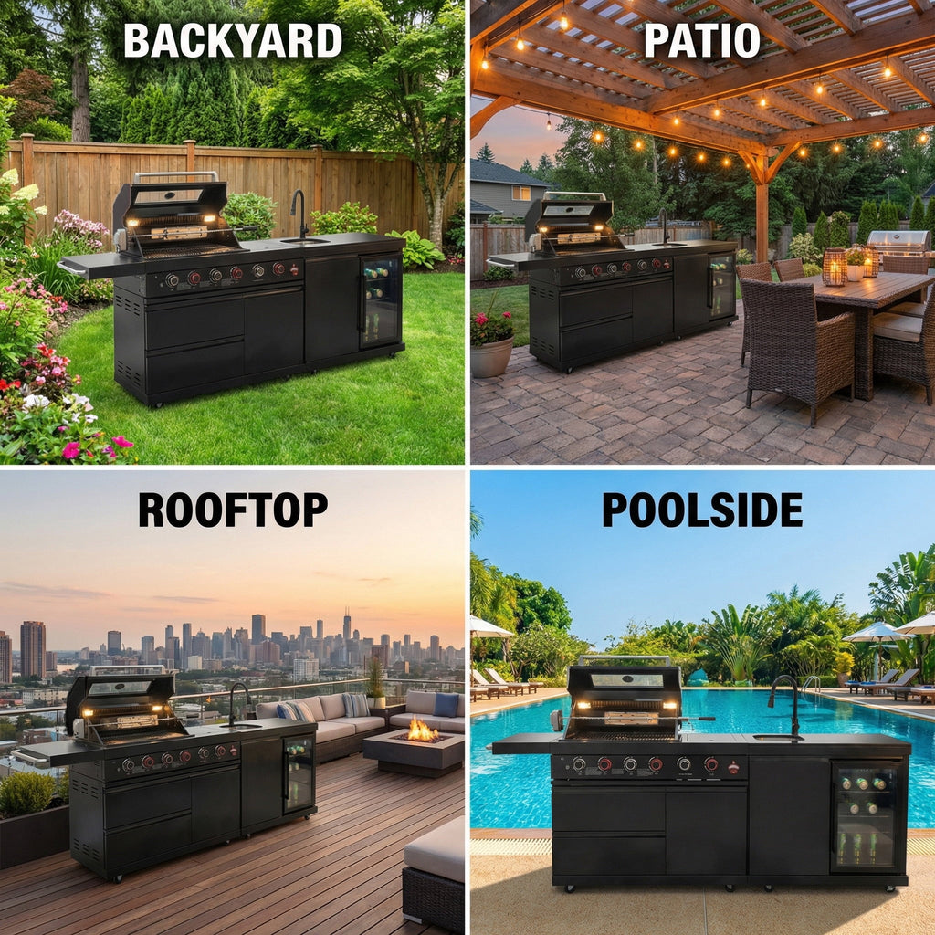84 Deluxe Outdoor Kitchen Island with 6-Burner Gas Grill (75300 BTU), Premium SS304 Stainless Steel BBQ Station, Black Galaxy Granite Countertop, Dual-Zone Refrigerator, Sink, Rotisserie Kit & Cover HomeMindful
