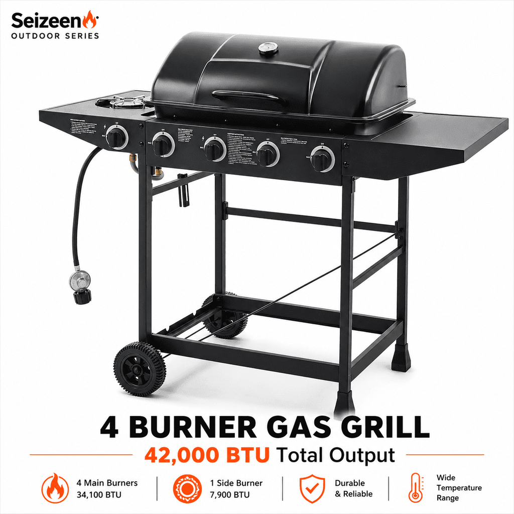 4 Burner Propane Gas Grill with Side Burner, 42000 BTU Stainless Steel BBQ Grill with Cast Iron Grates, 534 Sq In Cooking Area, Outdoor Barbecue Grill with Side Tables for Patio Backyard Cooking Gas Grills