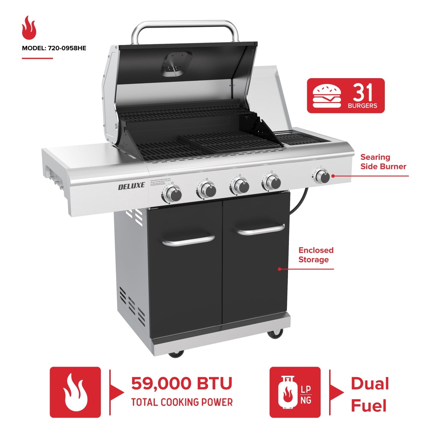 Nexgrill 4-Burner Dual Fuel Gas Grill with Side Burner and Griddle Insert, 627 SQ In Total Cooking Space, 59,000 BTUs Output, BBQ Grill Perfect for Outdoor Gatherings - 720-0958HE Gas Grills