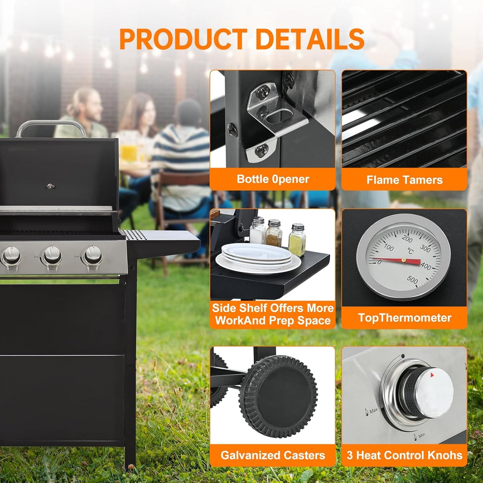 3-Burner Propane Gas Grill, 25650 BTU, Stainless Steel Outdoor BBQ Gill with Wire Enamel Grids, Thermometer for Cookingand Foldable Side Tables Gas Grills