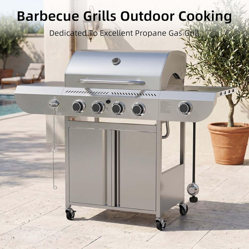 42000 BTU 4-Burner Stainless Steel Gas Grill, BBQ Grill with Side Burner & Enameled Cast Iron Grates, Pull-Out Oil Tray for Outdoor Backyard WAA