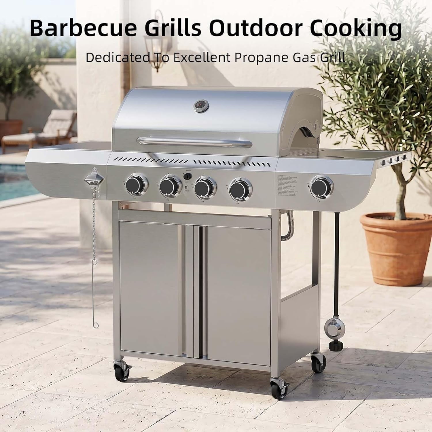 42000 BTU 4-Burner Stainless Steel Gas Grill, BBQ Grill with Side Burner & Enameled Cast Iron Grates, Pull-Out Oil Tray for Outdoor Backyard WAA