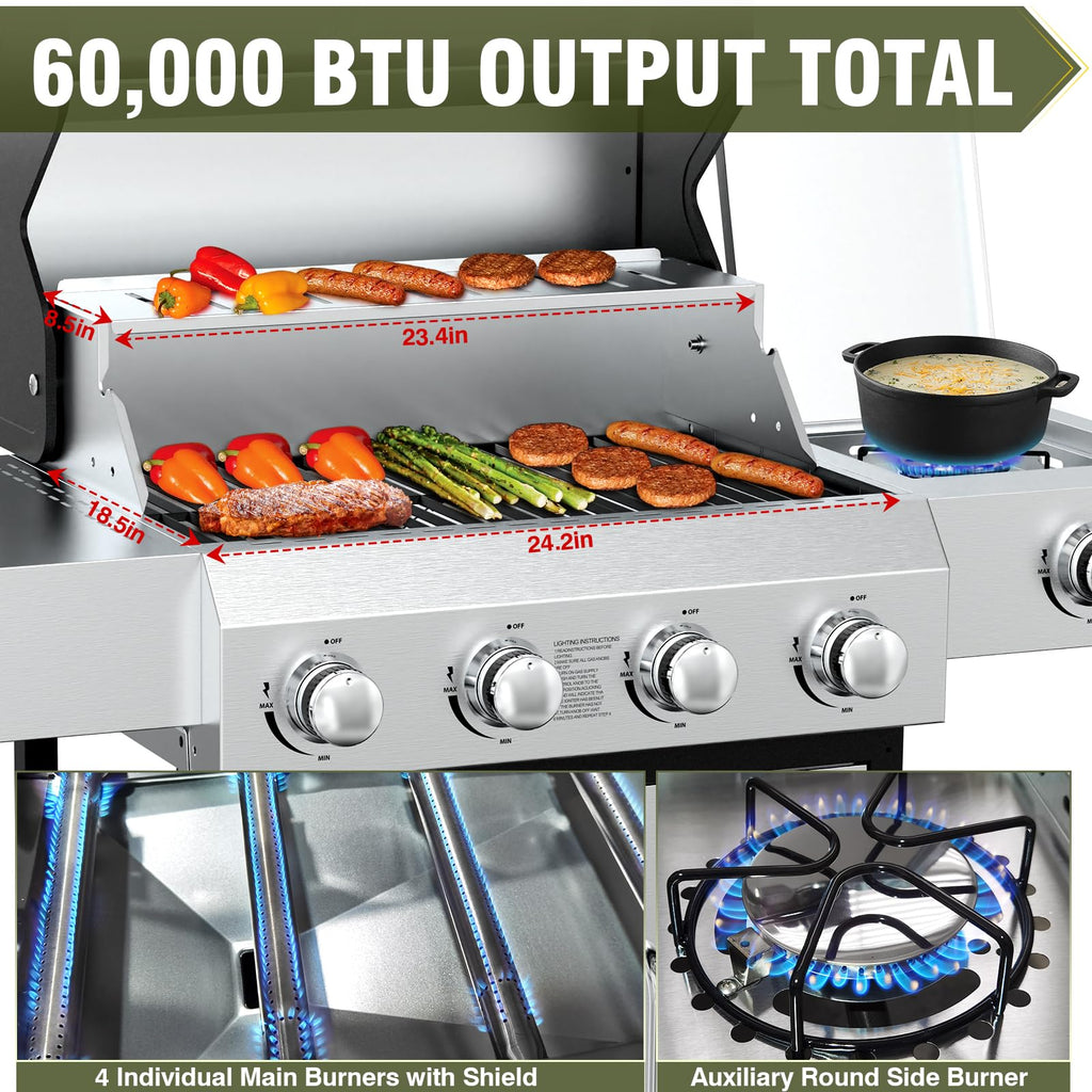 BESTFIRE 60,000 BTU 4+1 Burner Propane Gas Grill - 647 sq. inches Stainless Steel Outdoor BBQ with Porcelain-Enameled Cast Iron Grates, Side Burner & Storage Cabinet for Patio and Backyard Cooking Gas Grills